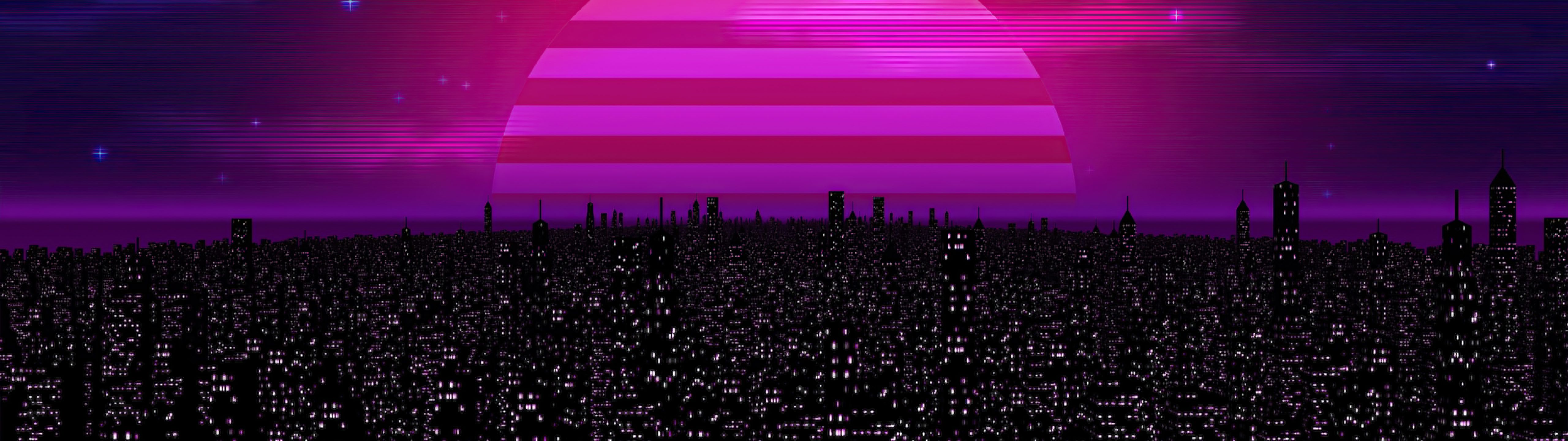 80s synthwave aesthetic wallpaper with a city and sunset - 5120x1440