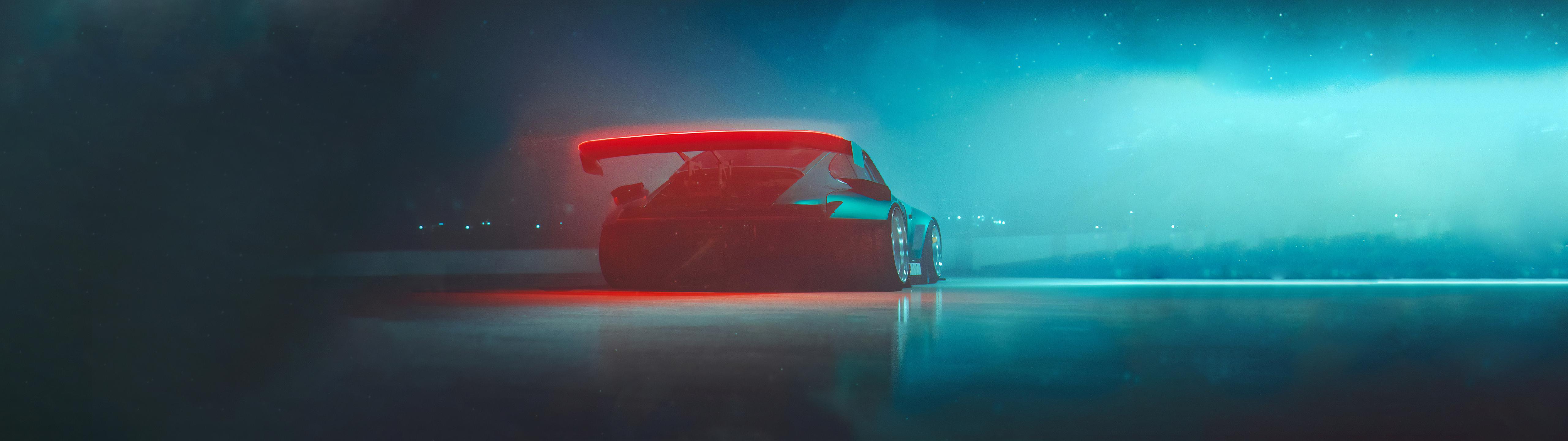 A car in the middle of the road with red and blue lights - 5120x1440