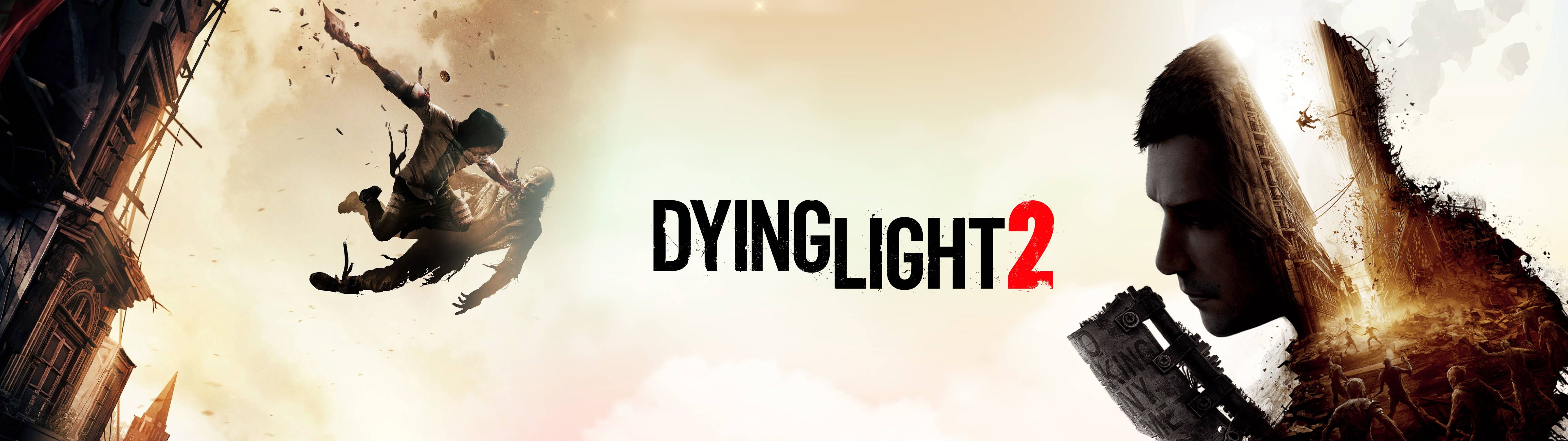 Dying Light 2 logo with a man falling from a building and another man holding a gun - 5120x1440