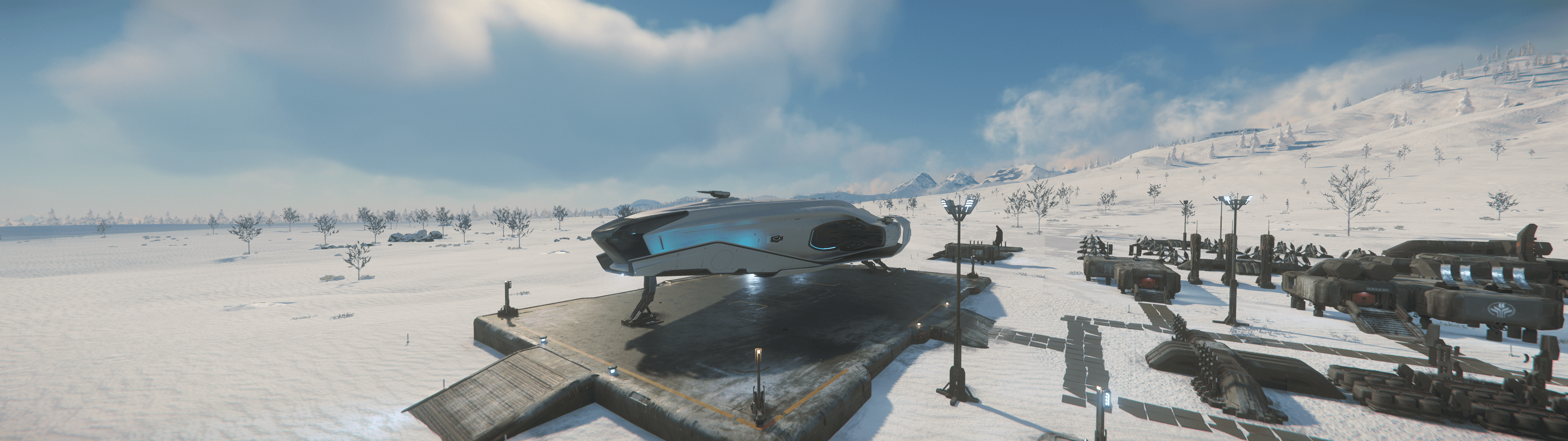 A ship lands on a snowy platform in a game scene. - 5120x1440