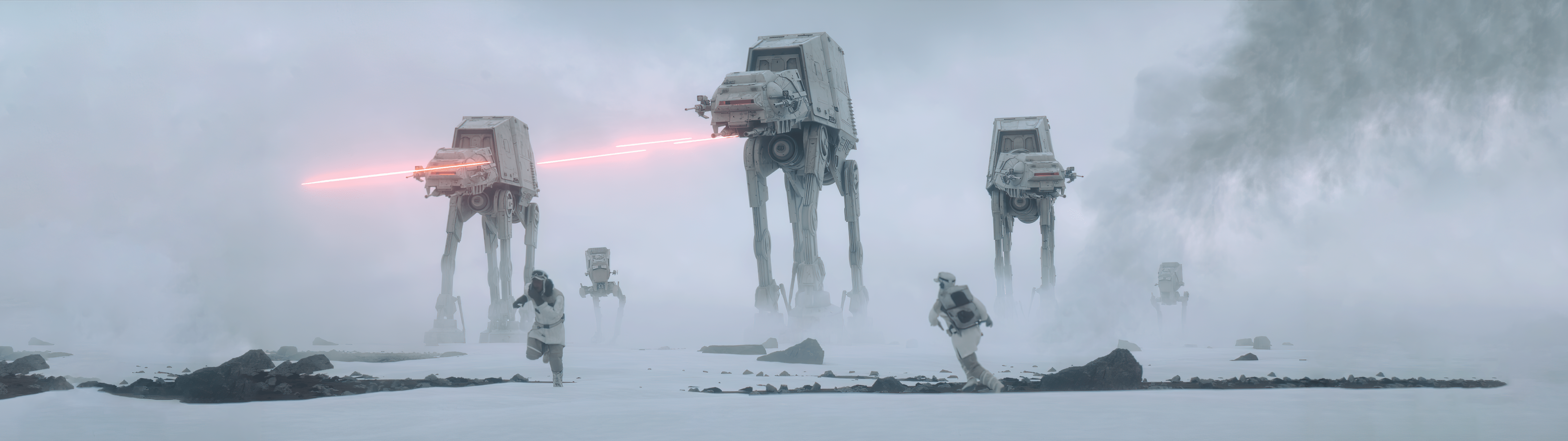AT-ATs move through the snow in Star Wars: The Empire Strikes Back. - 5120x1440