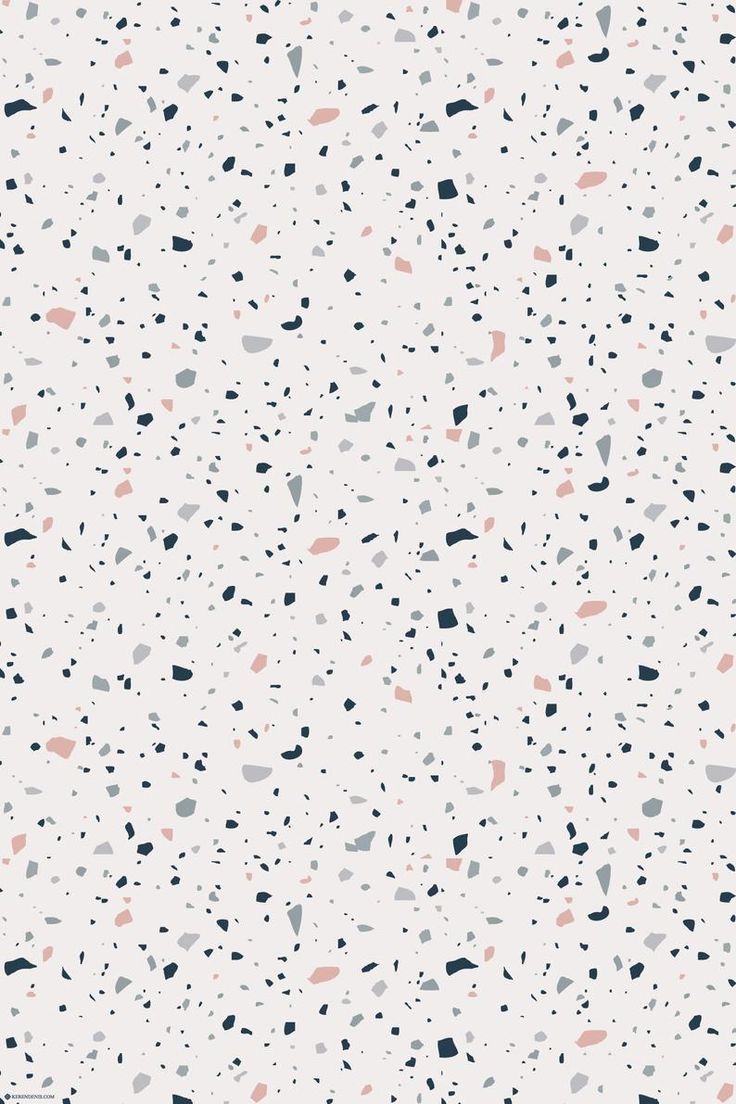 A seamless pattern of small, irregular shapes in pale pink, pale blue and dark grey on a white background - Terrazzo