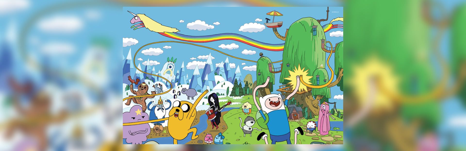 The characters from Adventure Time are seen on a colorful background. - Adventure Time
