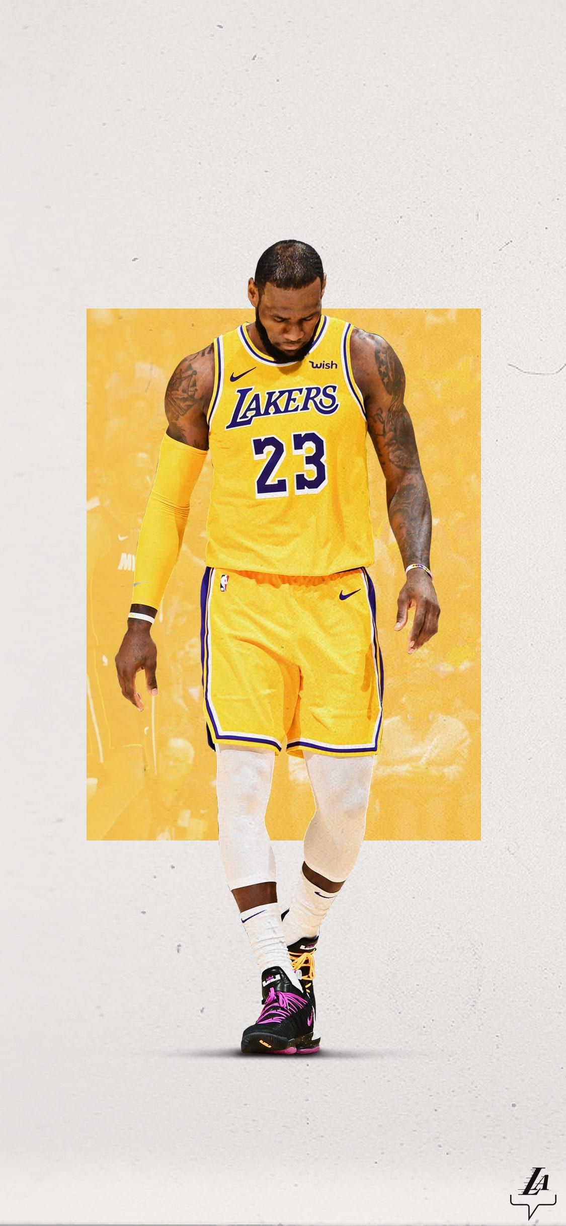 Lakers wallpaper phone background with<ref> lebron</ref><box>(198,195),(782,865)</box> walking off the court - Lebron James