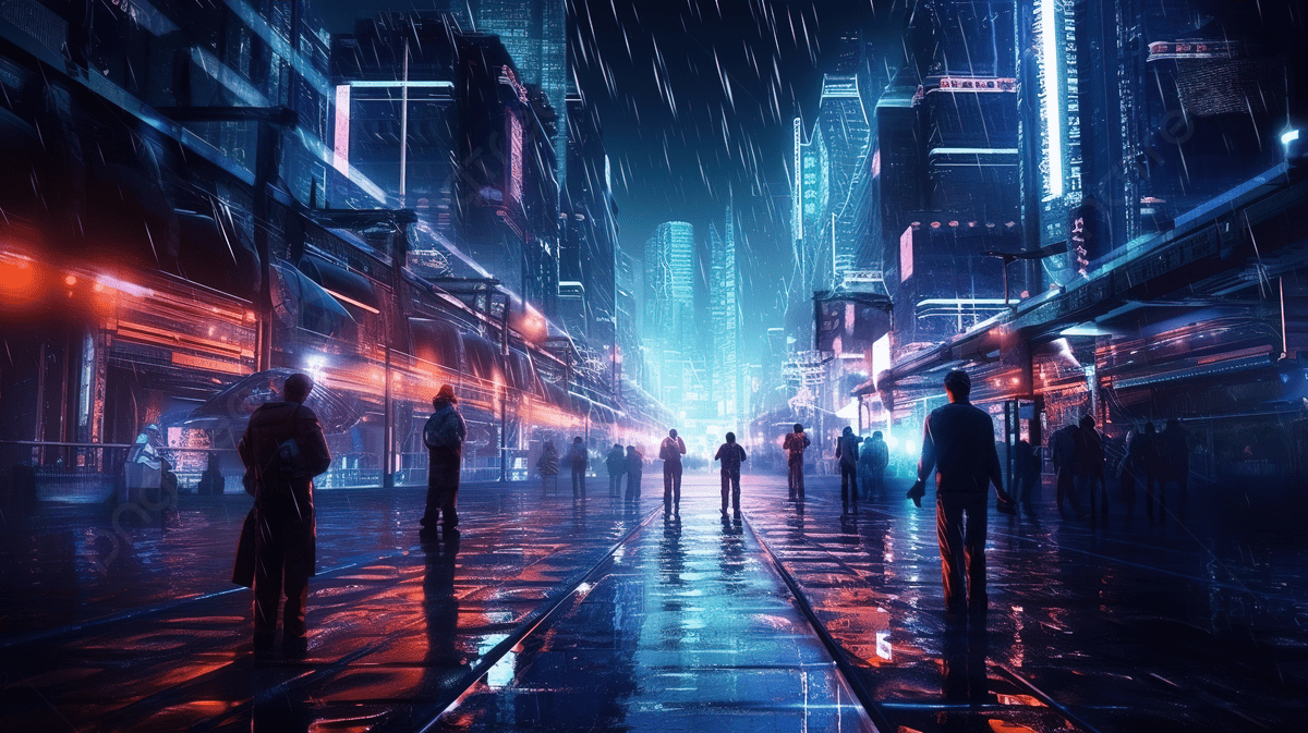 A group of people walking down a rain-soaked street at night. - Cyberpunk 2077