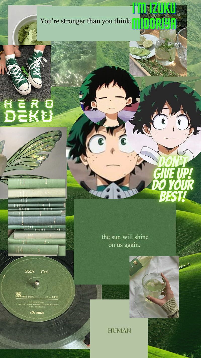 Aesthetic of green and blue with anime characters and quotes - Deku