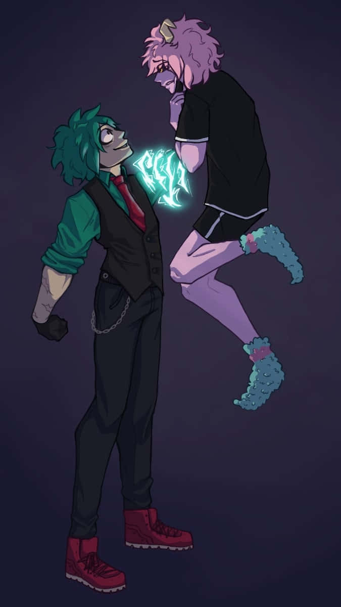 A green-haired boy in a suit and tie is holding up a purple-haired girl in a black shirt and purple pants. - Deku