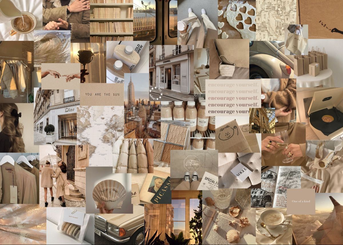 Collage of tan and beige photos including coffee cups, books, and a map. - Laptop, light brown, brown, Vogue, collage