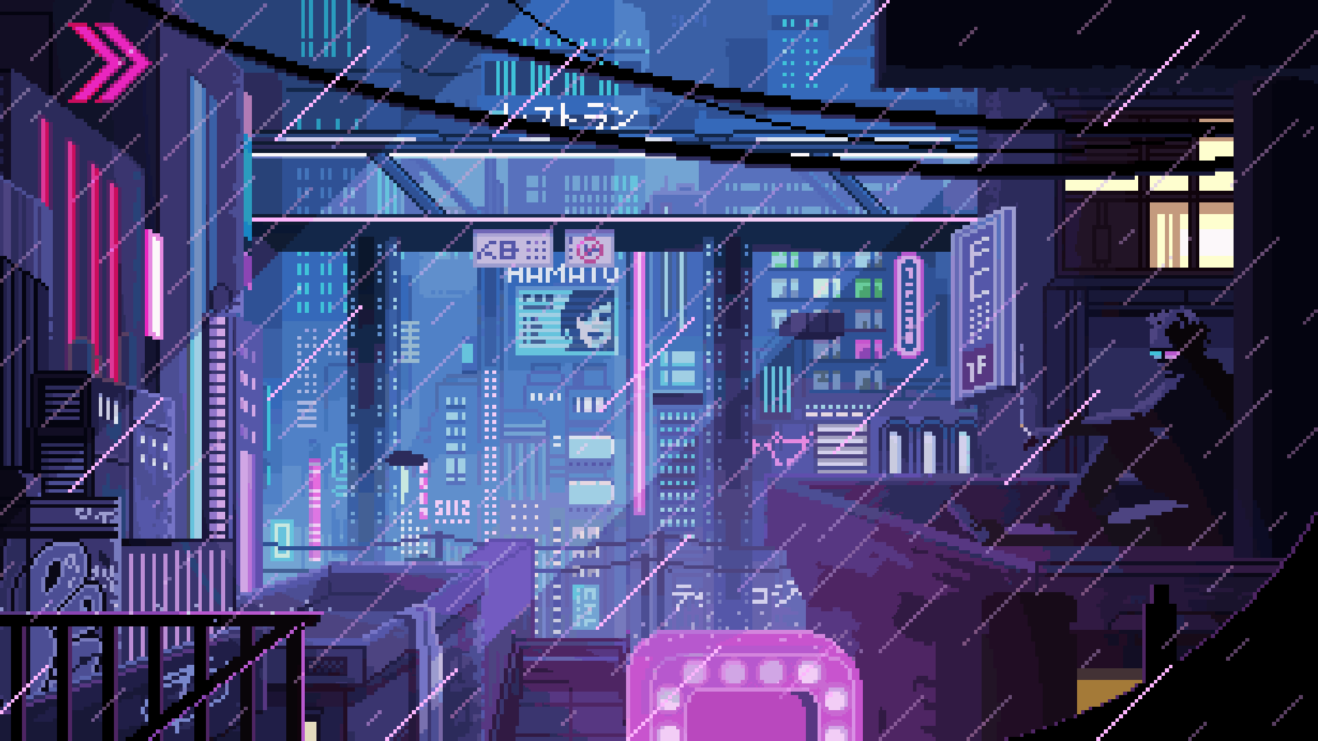 Pixel art cyberpunk city at night with neon lights and rain. - Windows 10