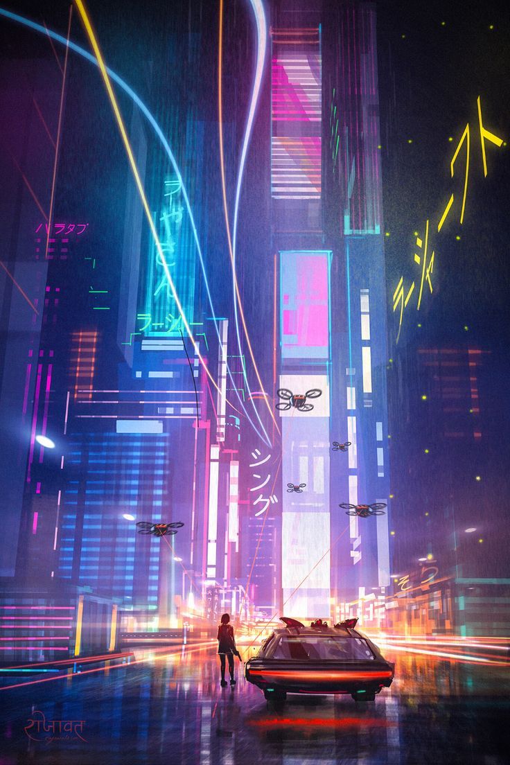 A Cyberpunk themed digital painting of a man standing next to a car in a neon lit city at night - Cyberpunk 2077
