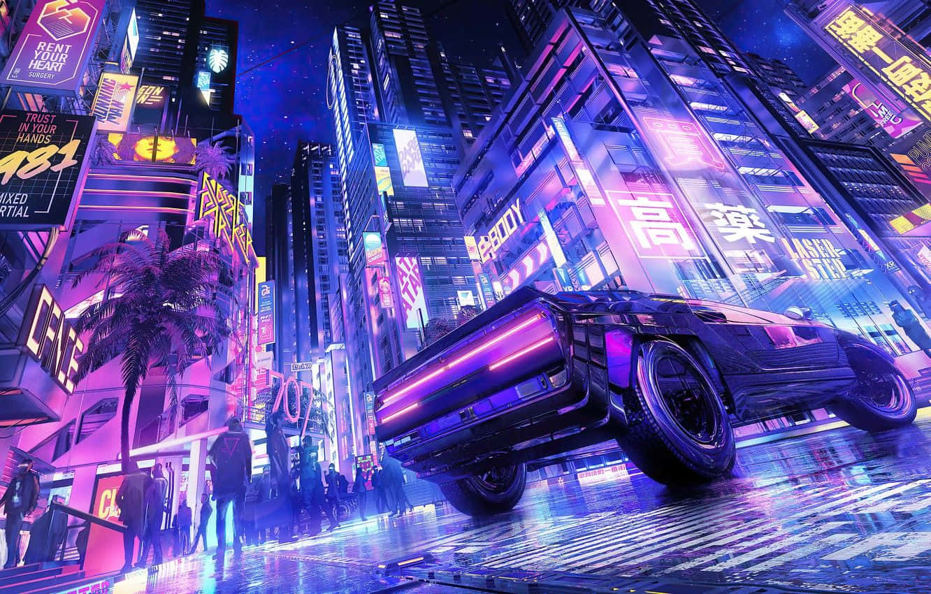 Photo wallpaper night, the city, neon, art, the car, people, 80s, synthwave - Cyberpunk 2077