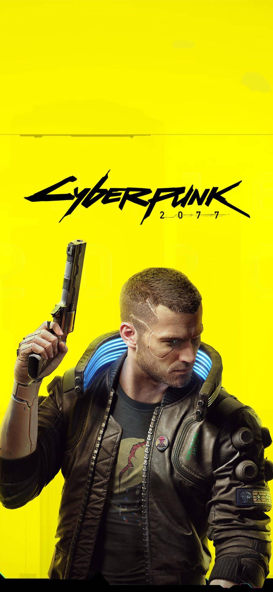 A yellow wallpaper of Cyberpunk 2077 with the main character holding a gun. - Cyberpunk 2077