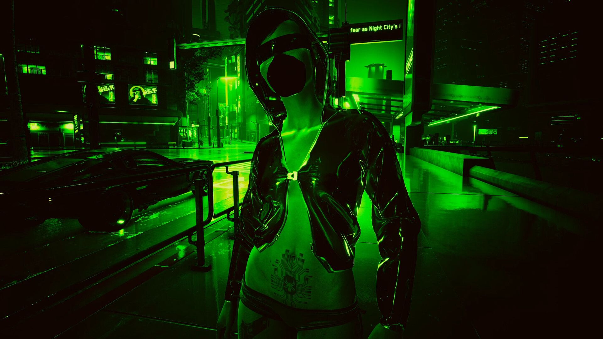 A woman in a futuristic outfit standing in a green-lit street - Cyberpunk 2077