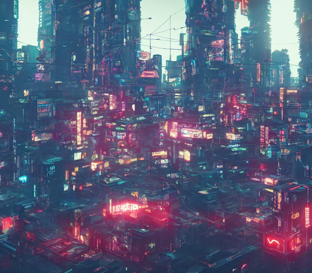 A cityscape of towering buildings with glowing red and blue lights. - Cyberpunk 2077
