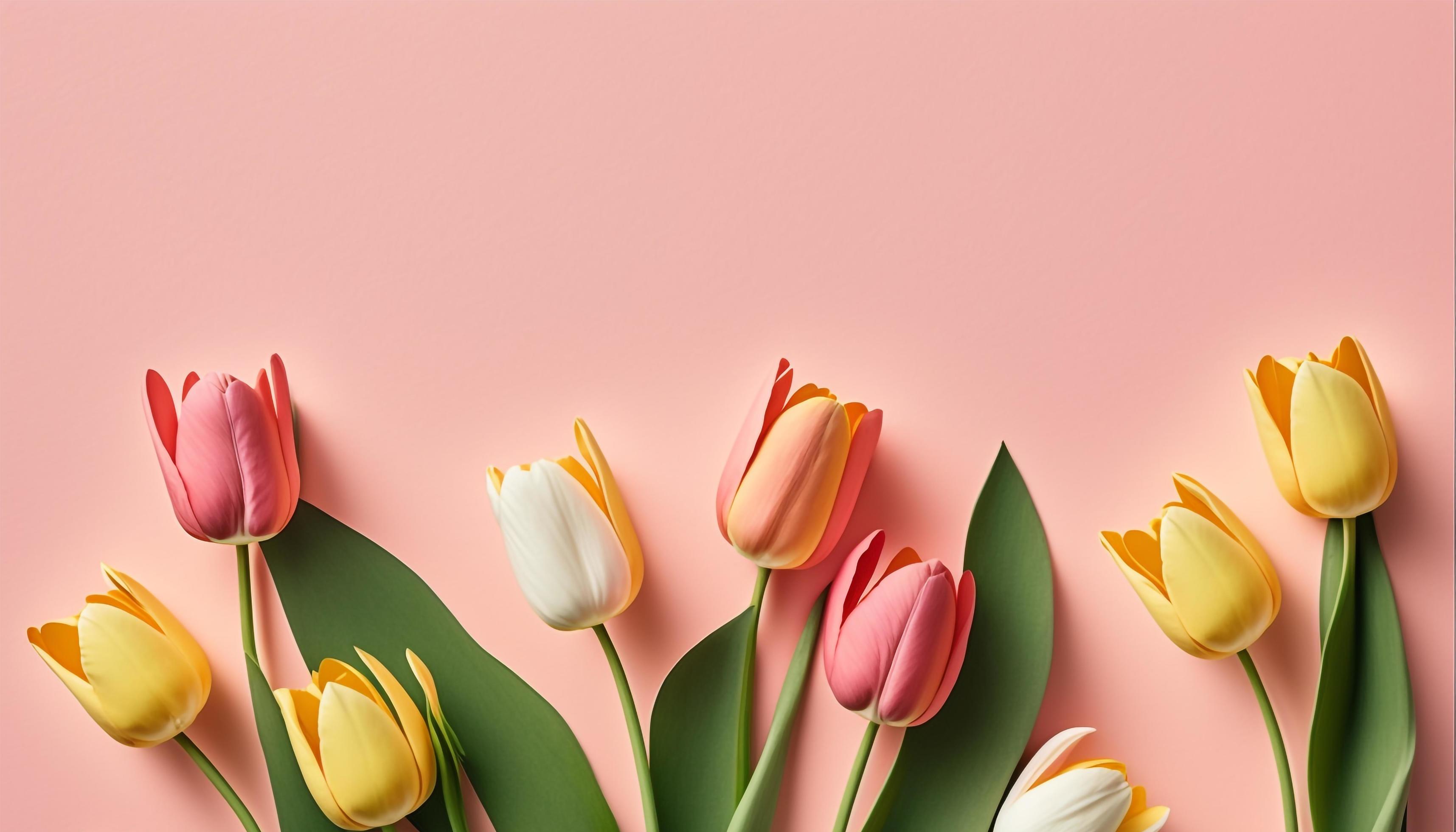 Spring tulip flowers on pink background top view in flat lay style