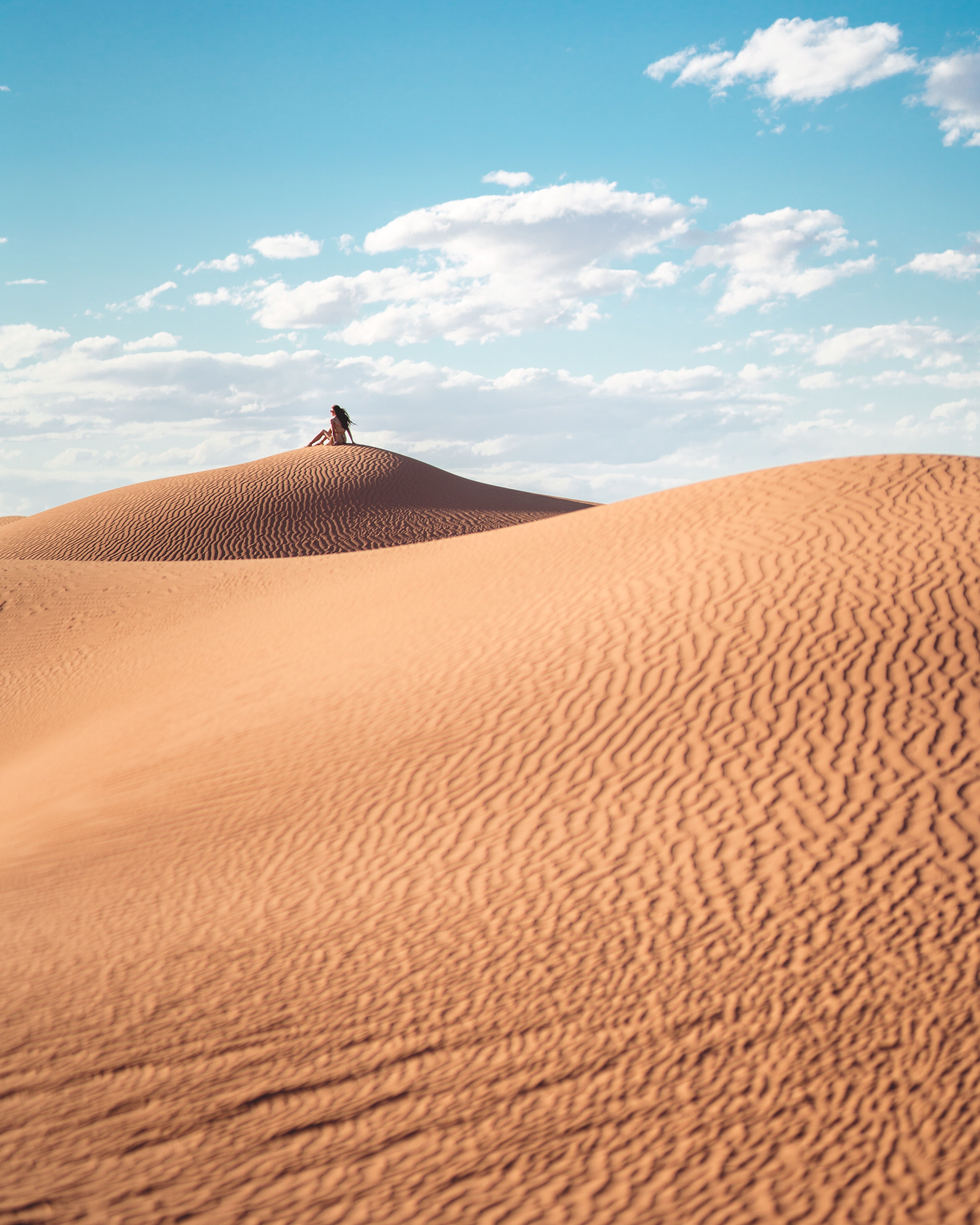 A person standing on top of a sand dune in the desert. - Desert