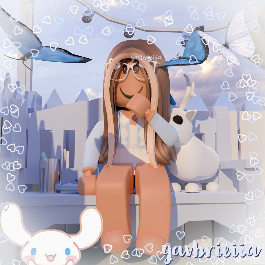 Robloxian girl with glasses and long brown hair sitting on a bench with a white bunny and blue butterflies around her - Roblox
