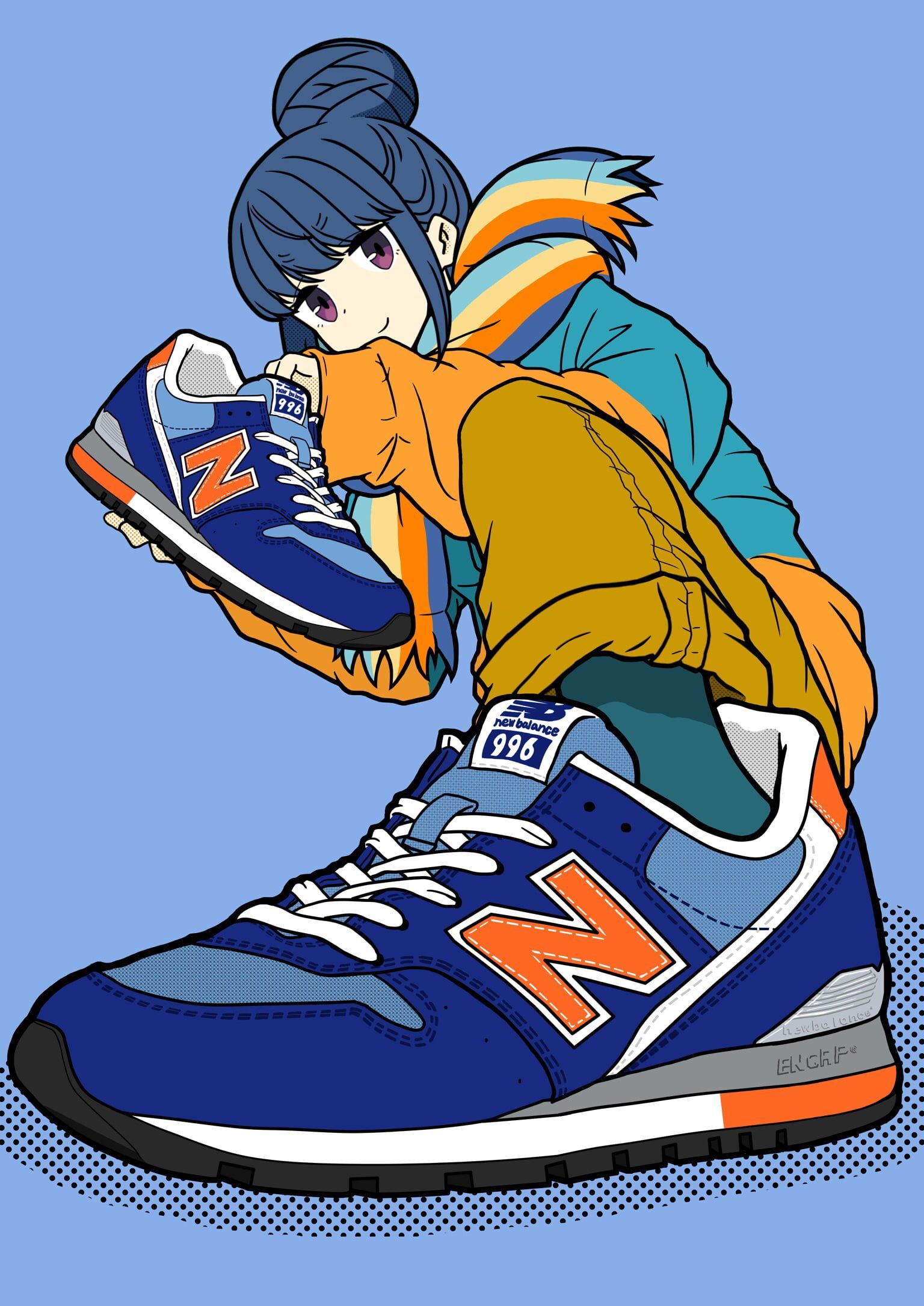 A girl with blue hair holding a pair of blue sneakers. - New Balance