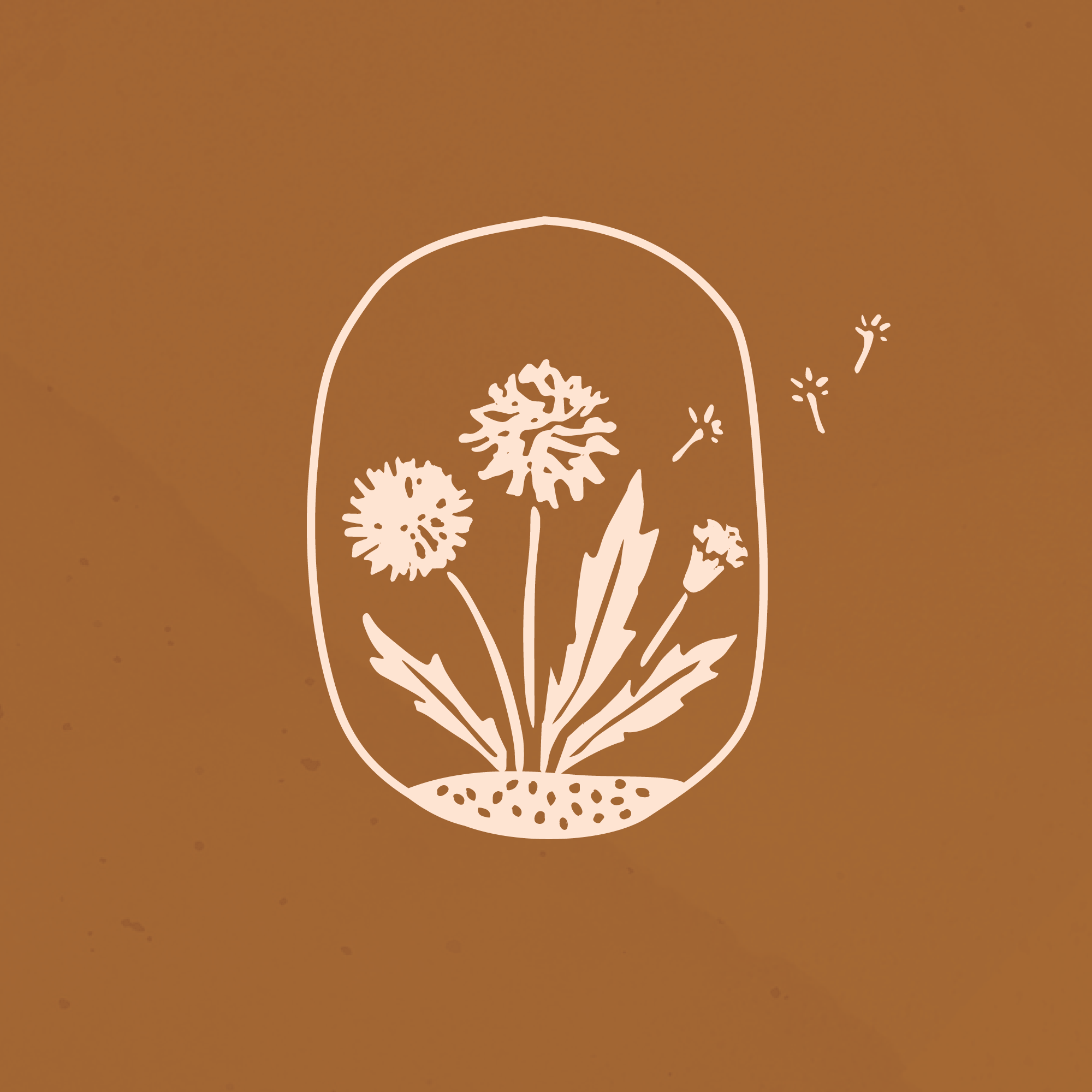 A brown background with a white circle in the middle. In the circle, there are three dandelions with white petals and green stems. - Dandelions