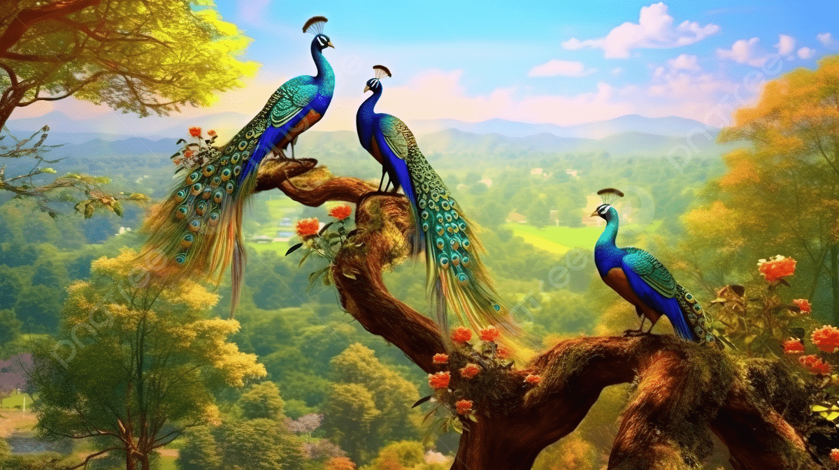 Vibrant Peacocks Perched On Tree