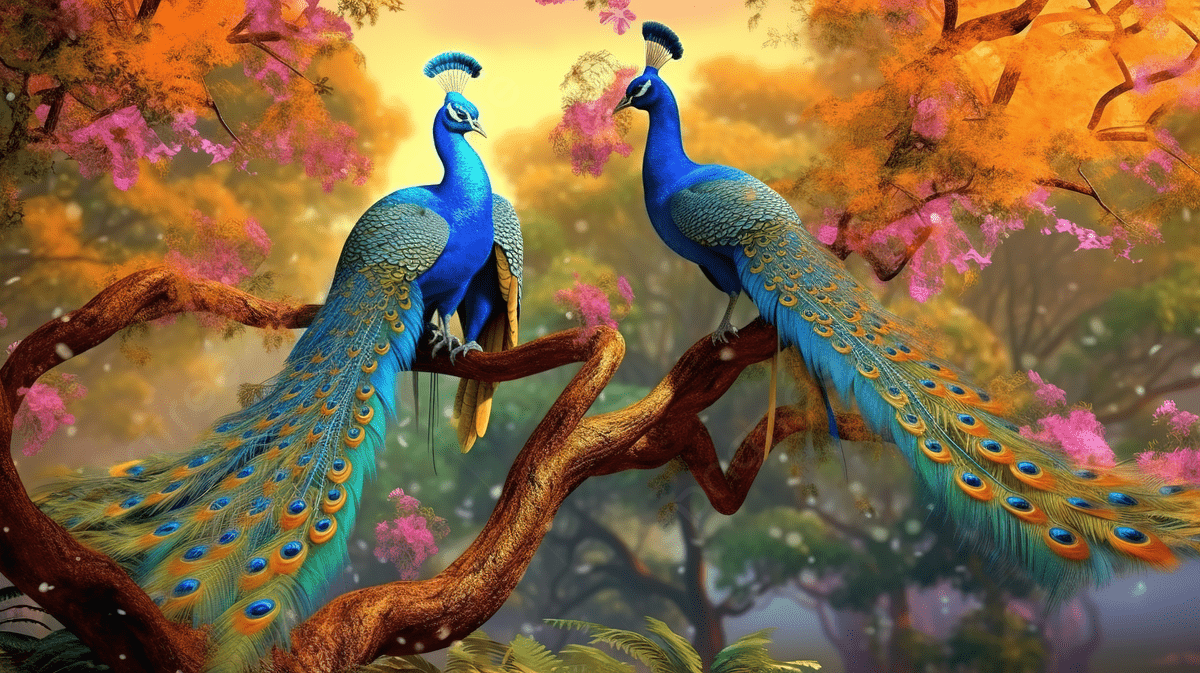 Vibrant Peacocks Perched On Tree