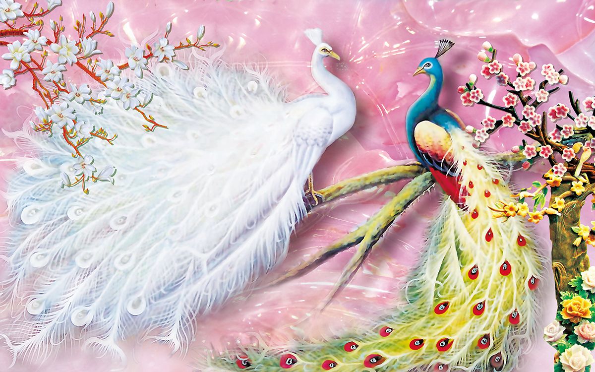 White and Blue Peacocks Wallpaper