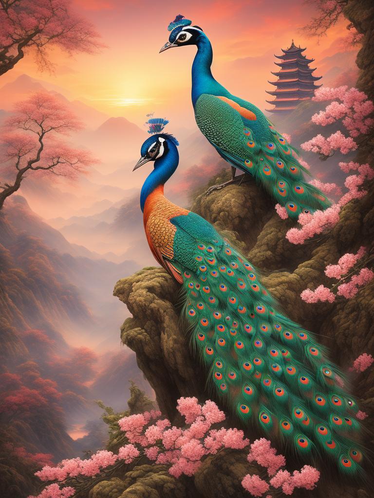 The peacock with peach blossom
