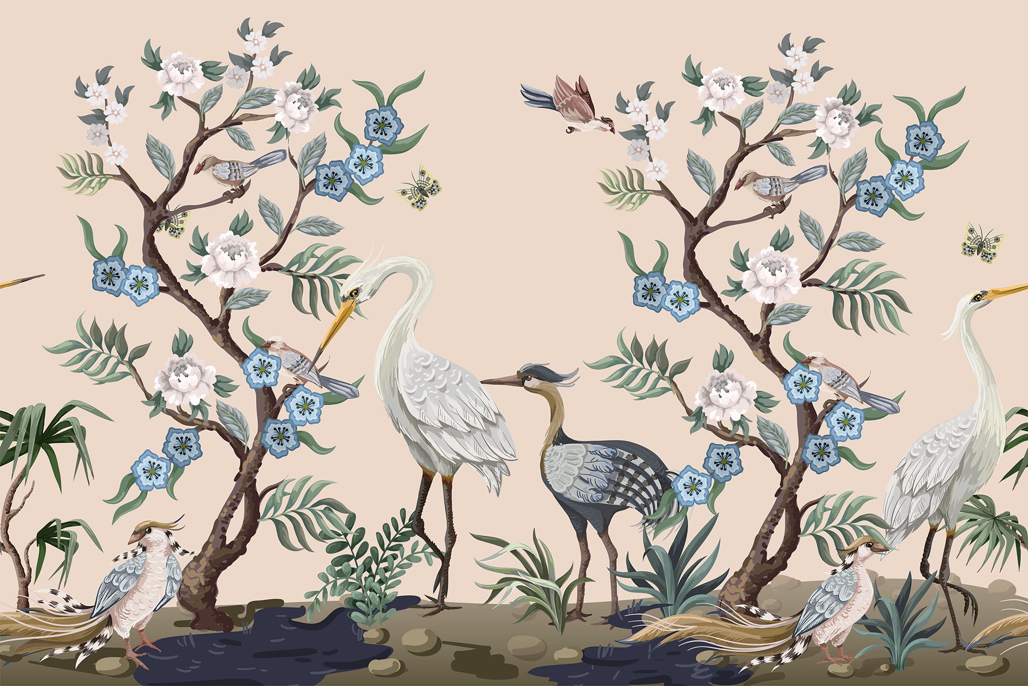 Beige Herons Peacock Wallpaper