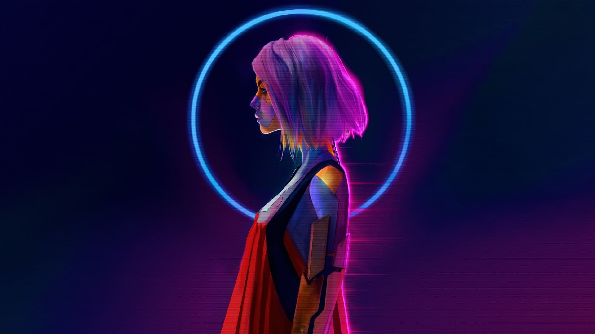 1920x1080 Cyberpunk girl with pink hair and a neon circle behind her - Windows 10