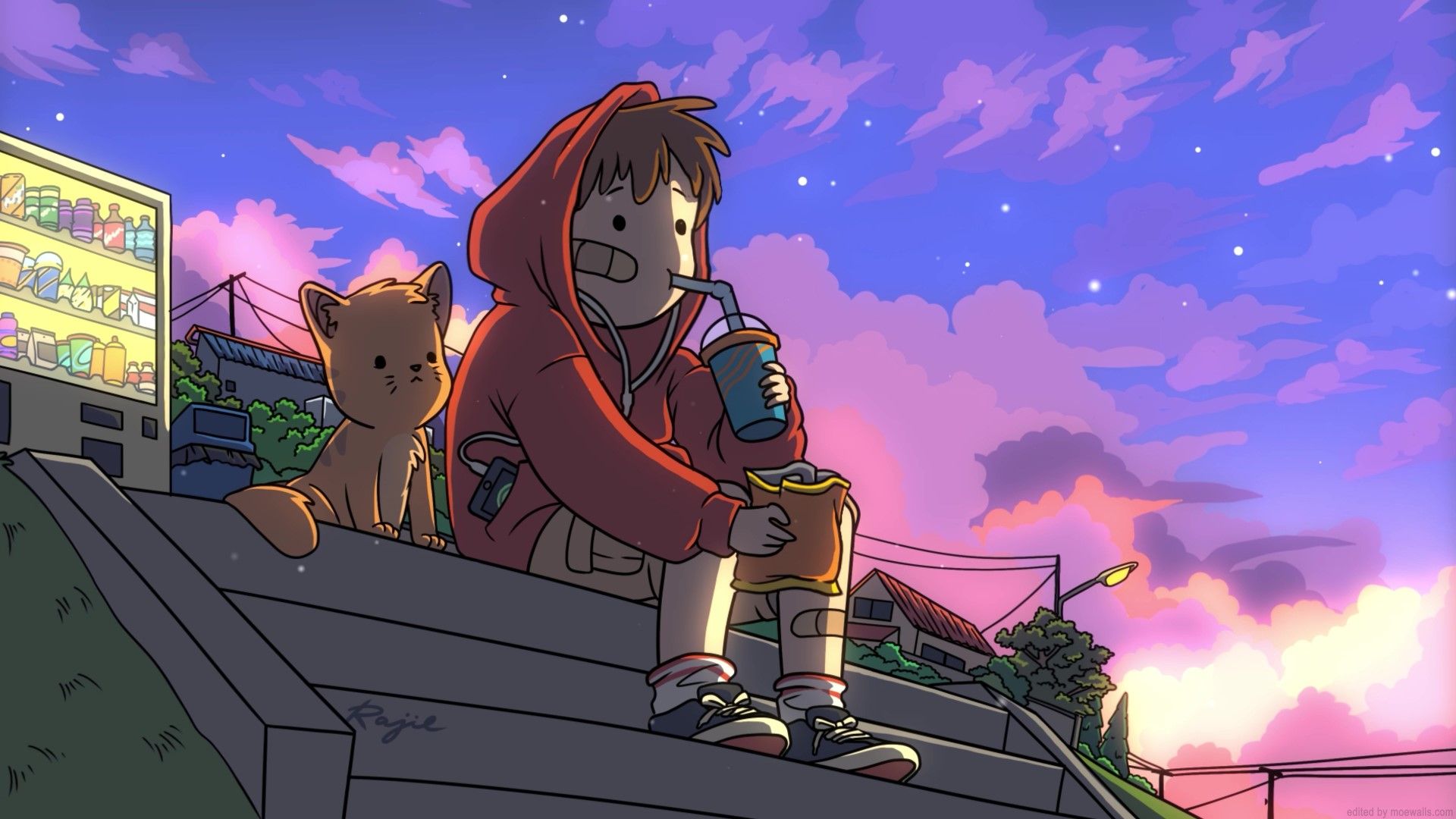 A girl and her cat sit on a rooftop, watching the sunset. - 1920x1080, Windows 10