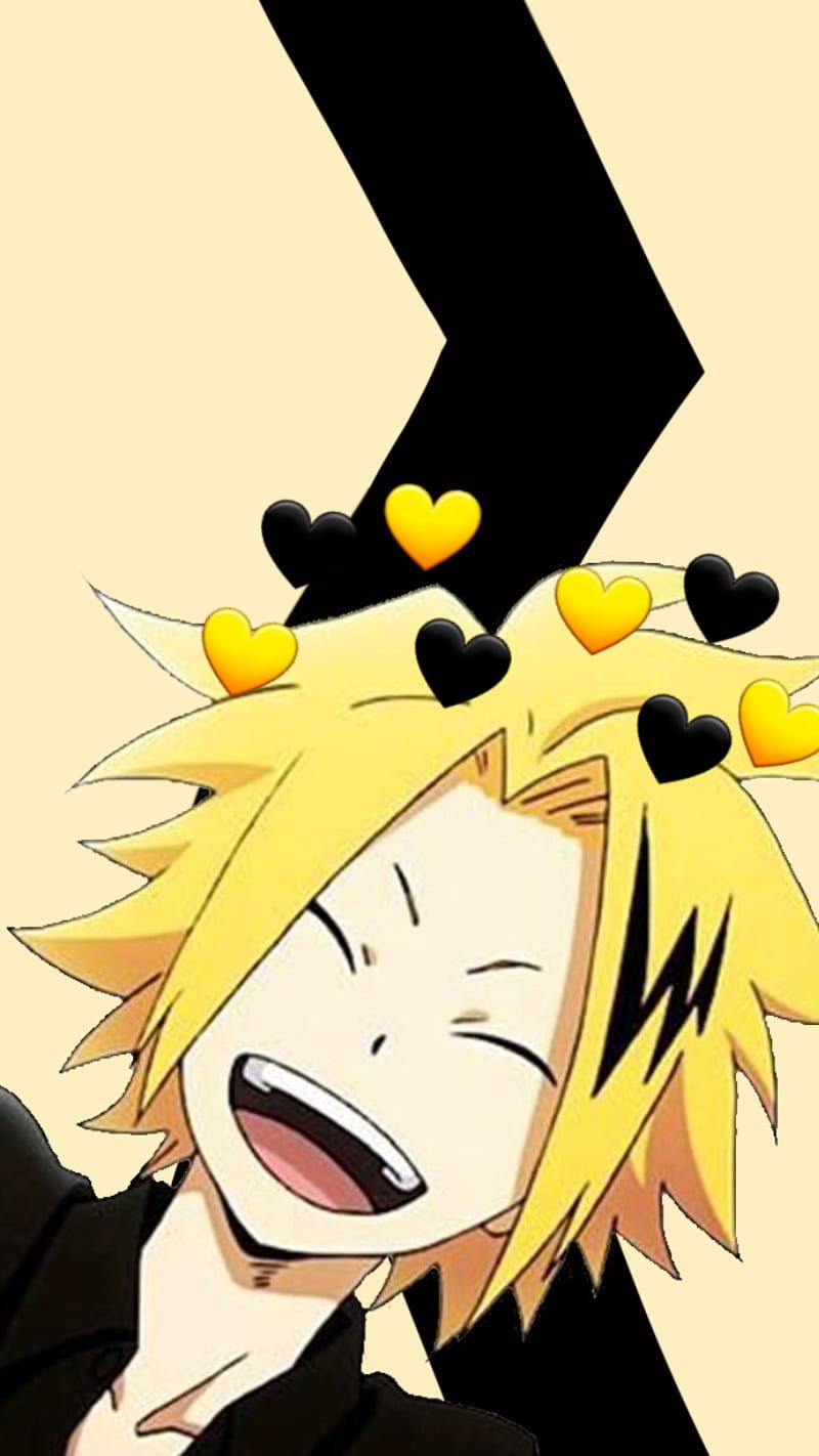 A cute anime character with blonde hair and a big smile, surrounded by yellow hearts. - Denki Kaminari