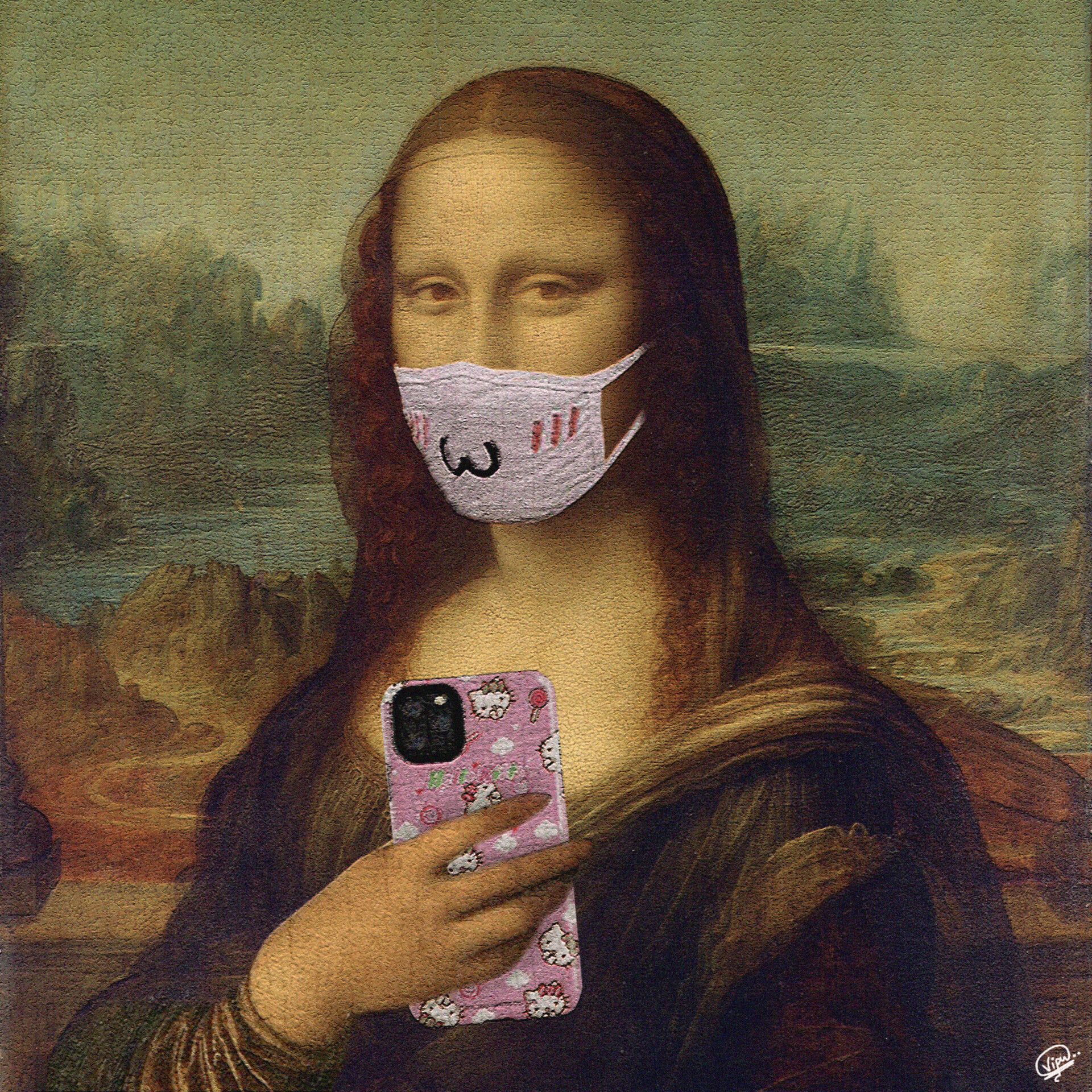 Mona Lisa wearing a mask and holding a phone with a kitten case - Mona Lisa