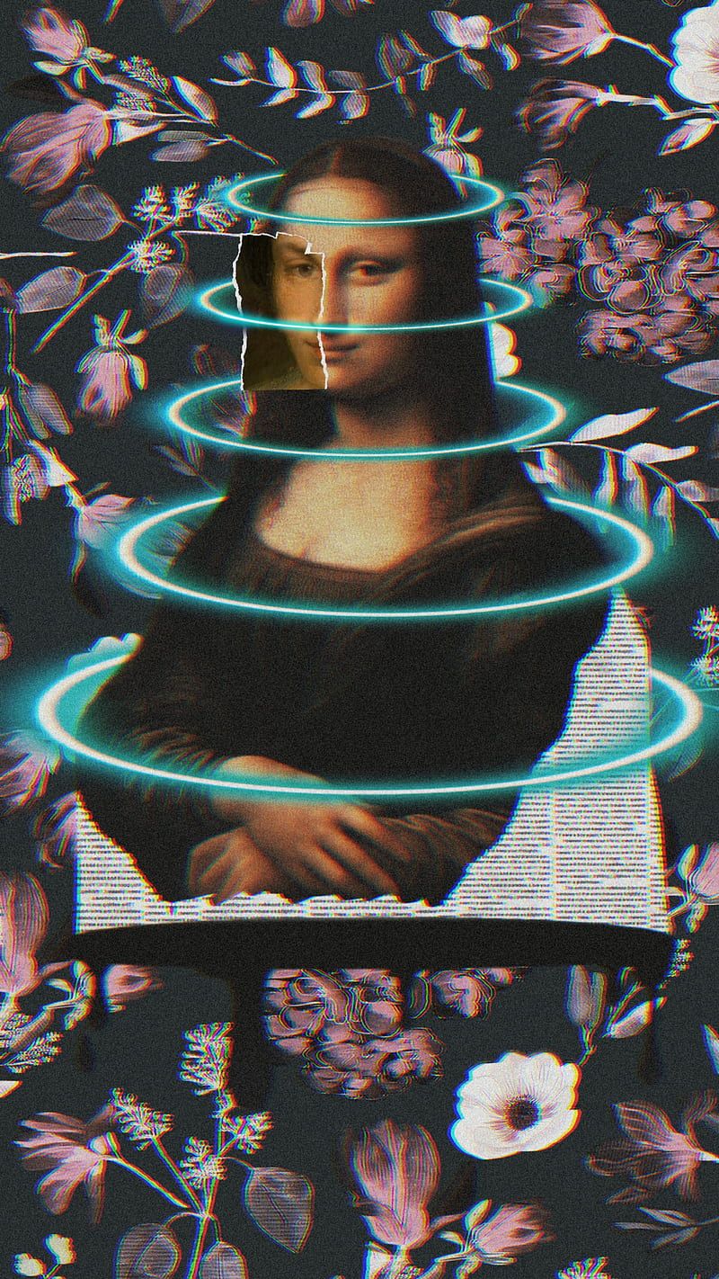 Aesthetic image of the Mona Lisa with a black background and flowers. - Mona Lisa