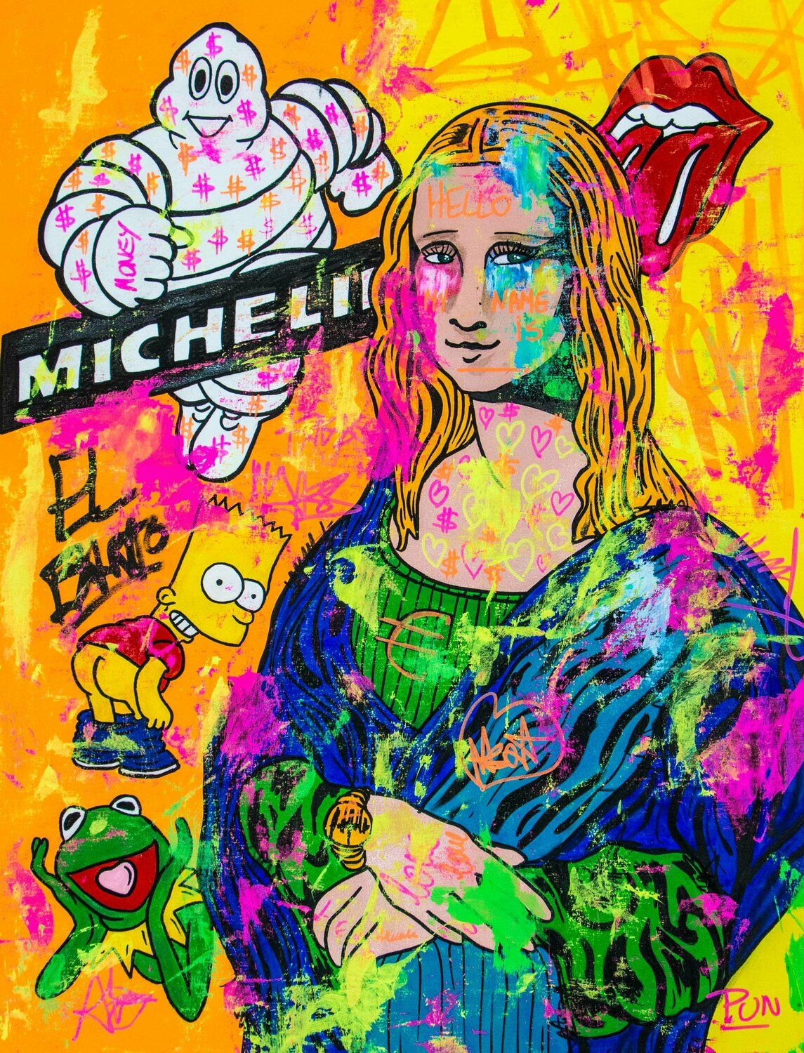 A pop art version of the Mona Lisa, with a neon sign in the background - Mona Lisa