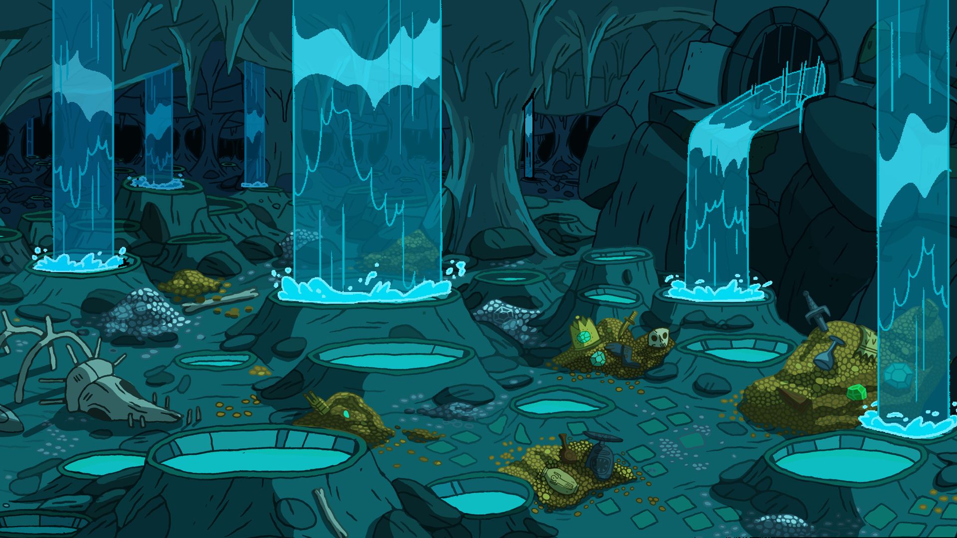 A cave with a large number of blue pools of water, some of which have floating islands in them. A large green snake is visible in the foreground. - Adventure Time