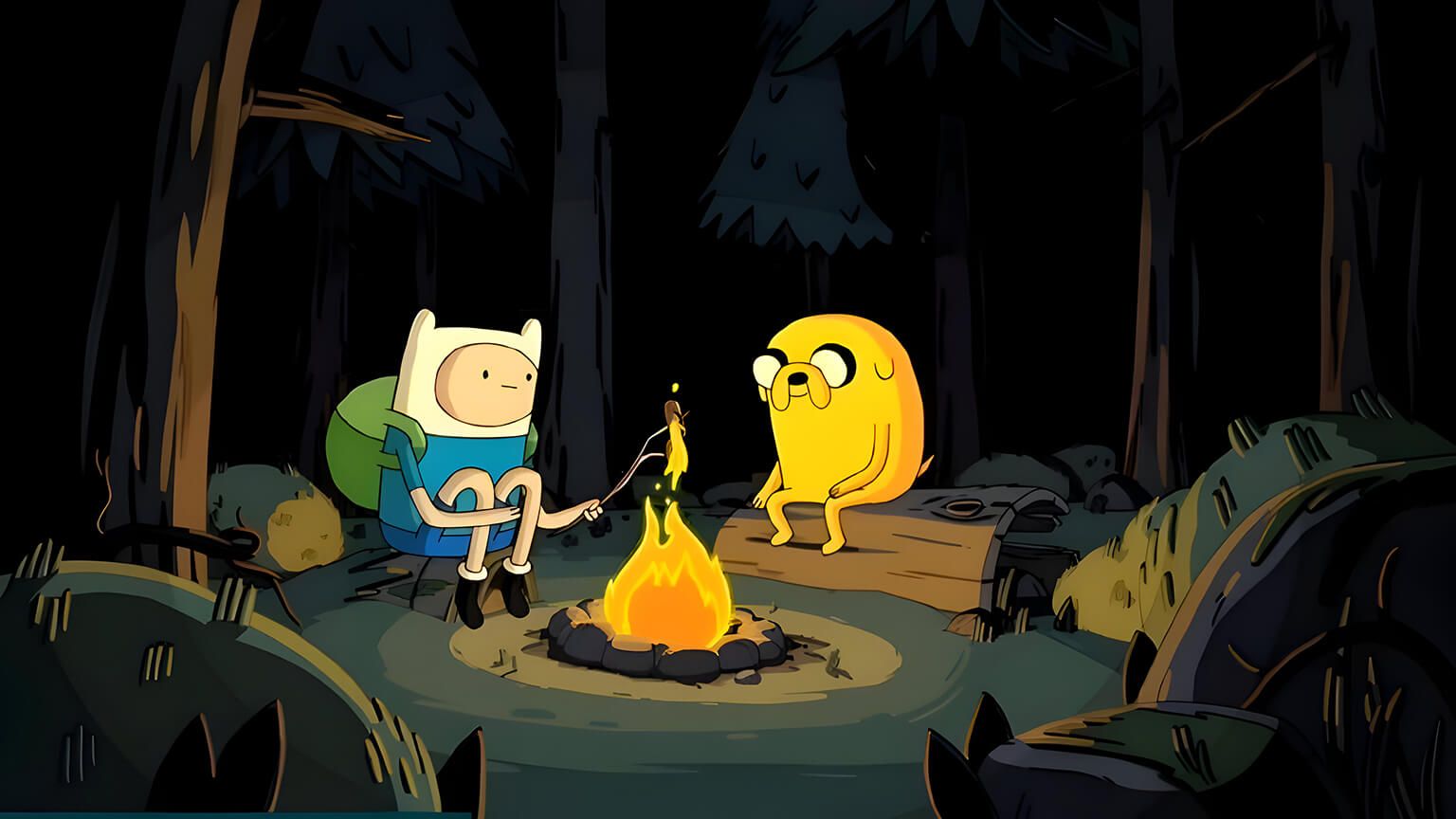 Finn and Jake sit around a campfire in the woods. - Adventure Time