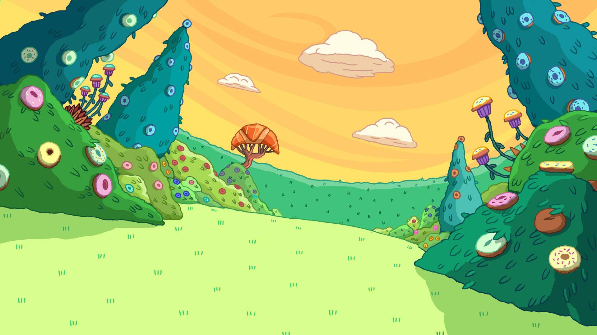Adventure Time background with a sky background, clouds, trees, donuts, and mushrooms. - Adventure Time