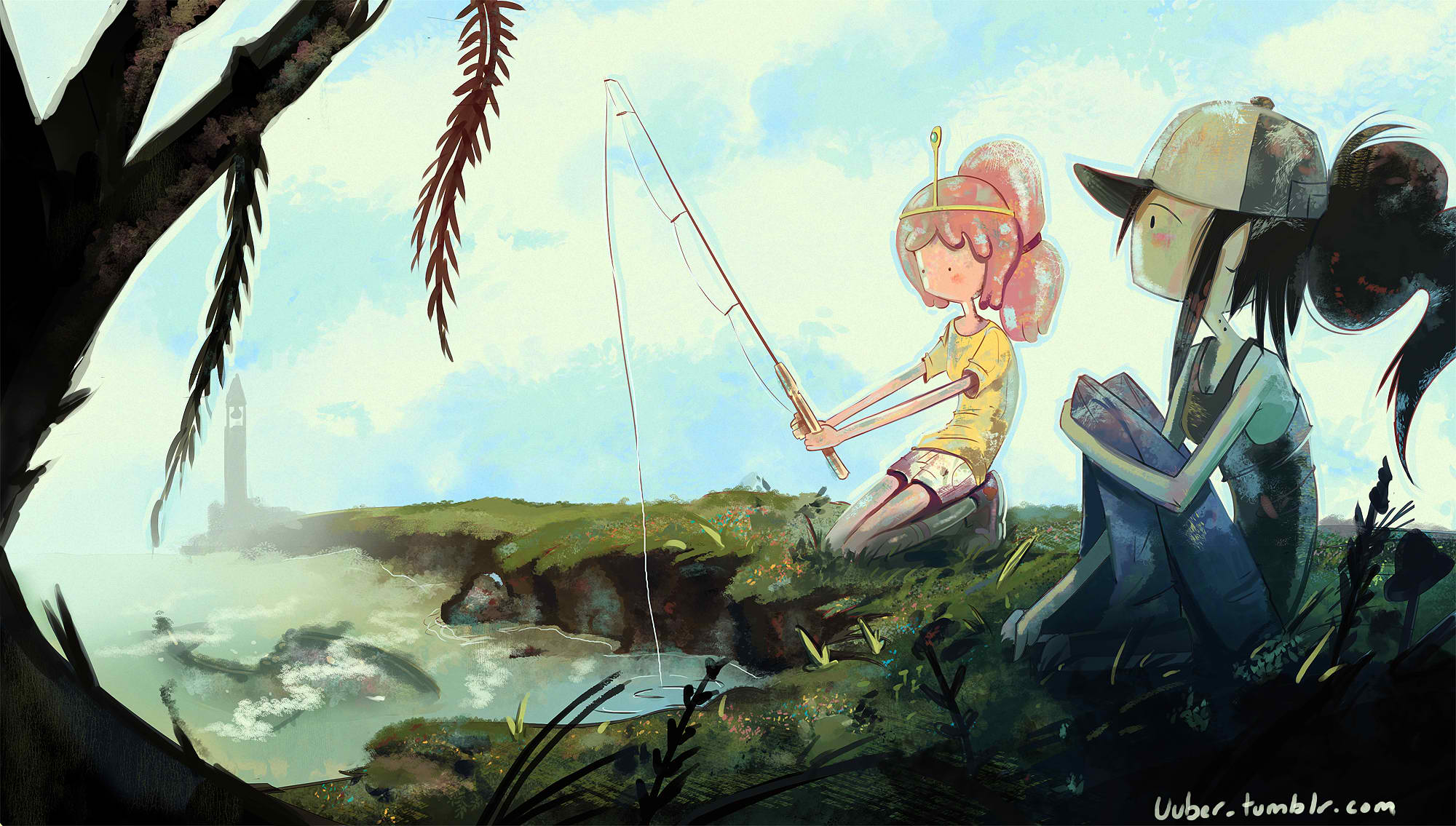 Two girls fishing in a river - Adventure Time