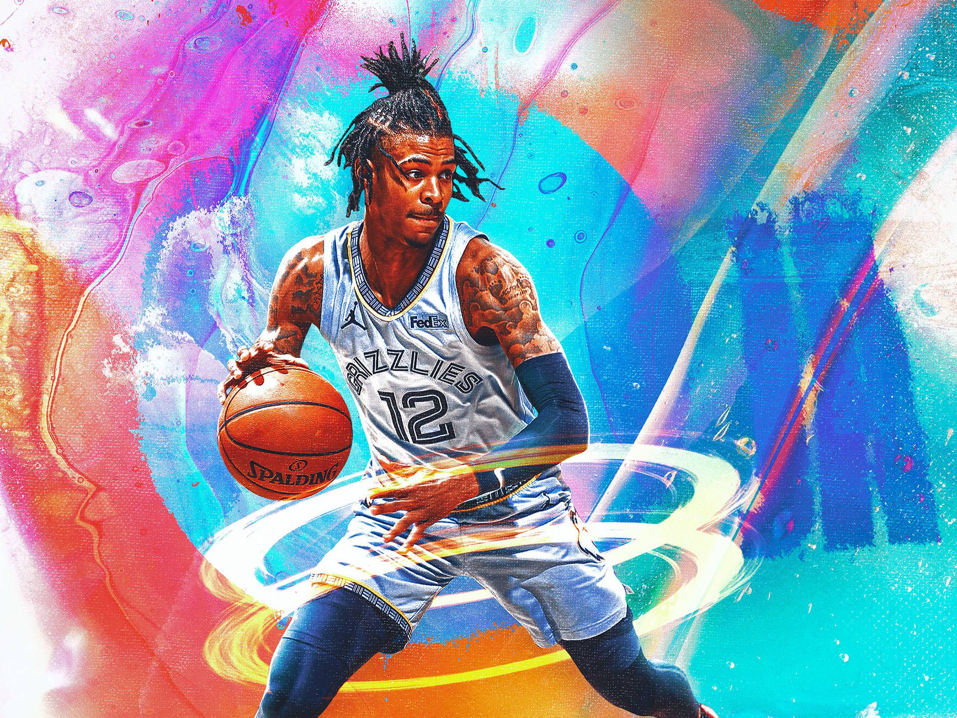 Ja Morant dribbling a basketball in front of a colorful background - Ja Morant