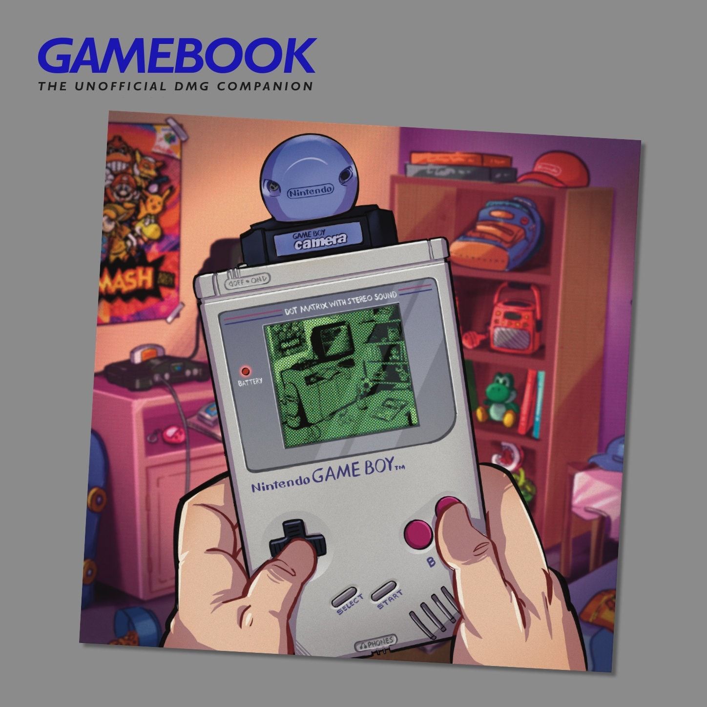 The cover of the book Gamebook. A person is holding a Nintendo Game Boy, and there is a camera on top of it. - Game Boy