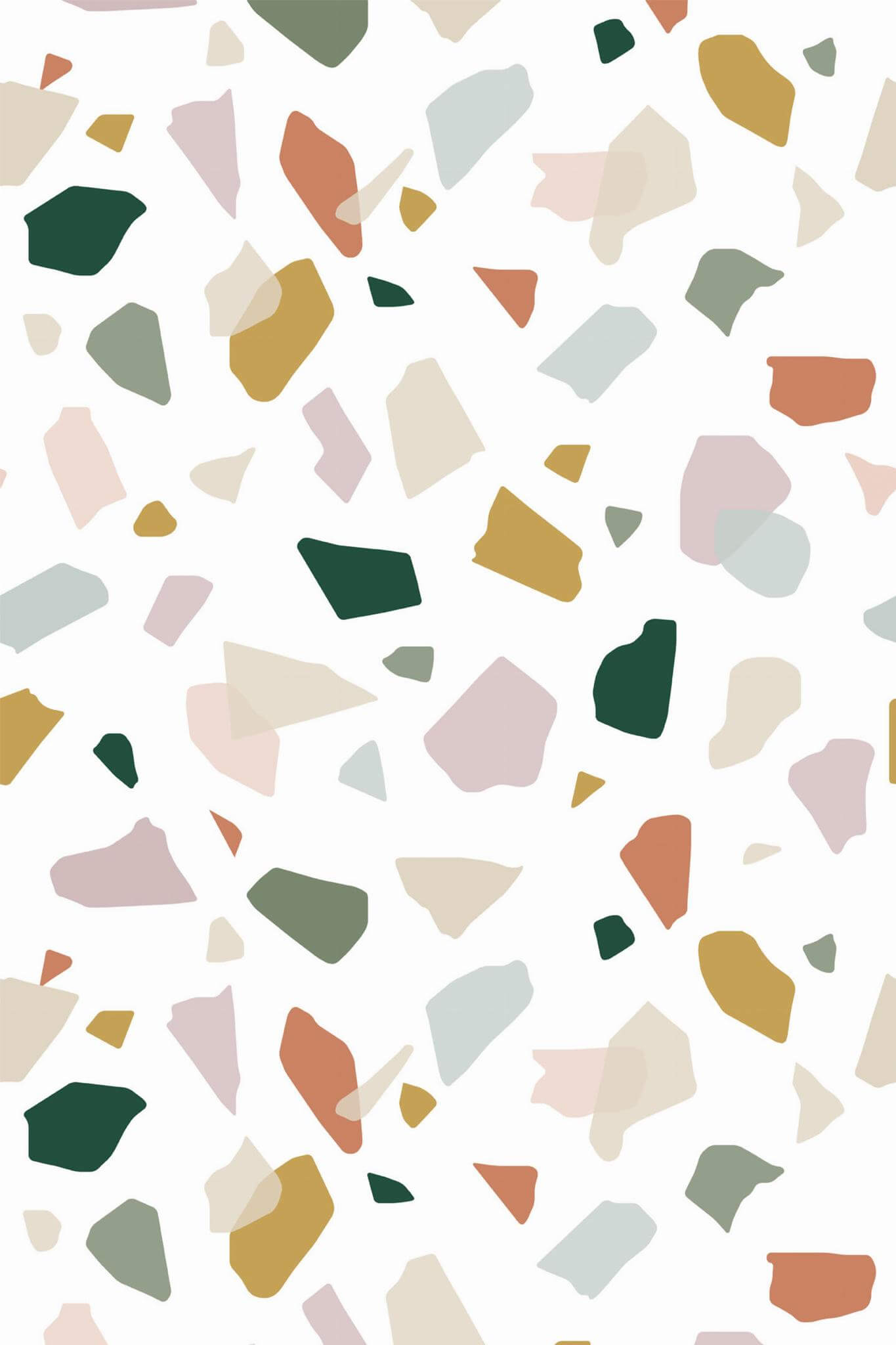 A digital illustration of a terrazzo pattern in green, pink, orange, and yellow. - Terrazzo