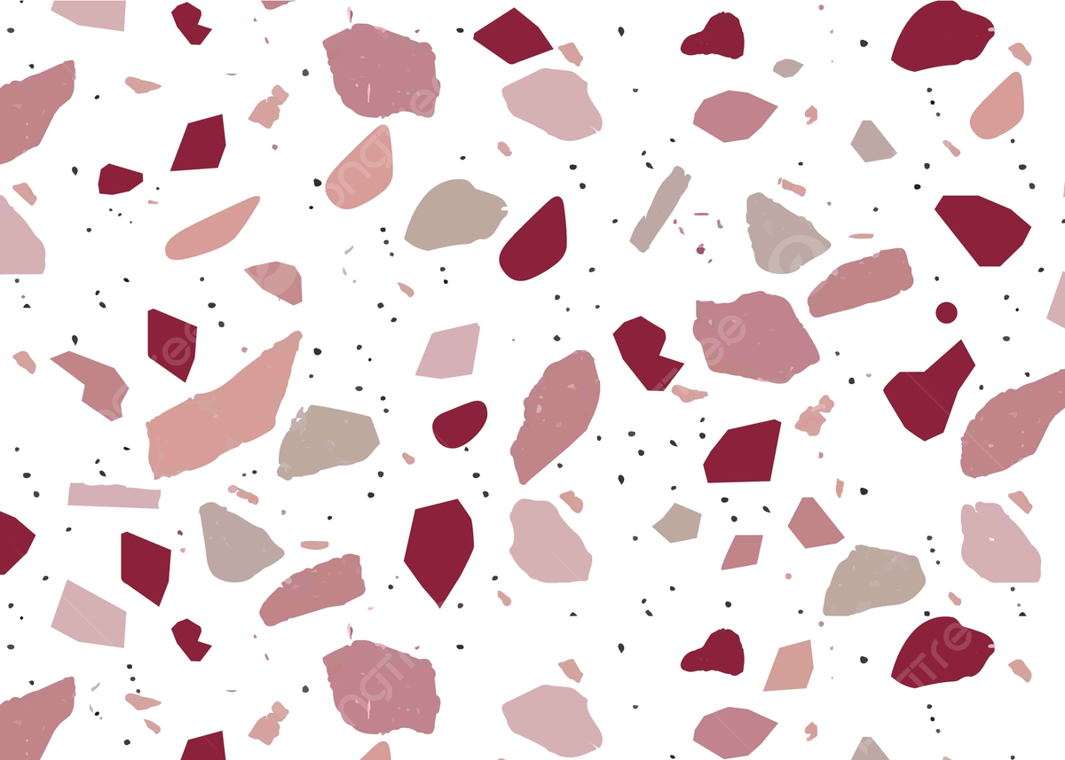 A white background with red, pink and grey irregular shapes, some of which are larger and others are smaller. - Terrazzo