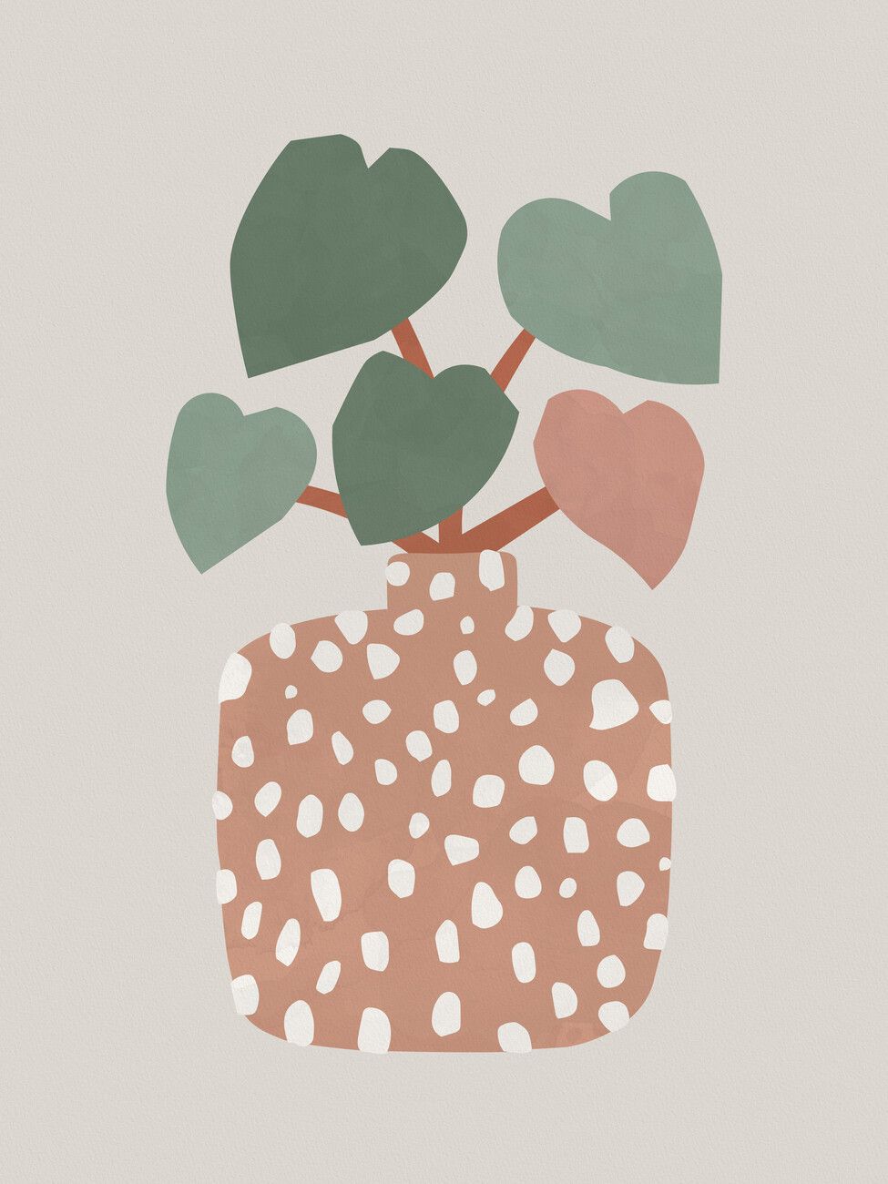 A print of a potted plant with heart-shaped leaves in a vase with a spotted pattern. - Terrazzo