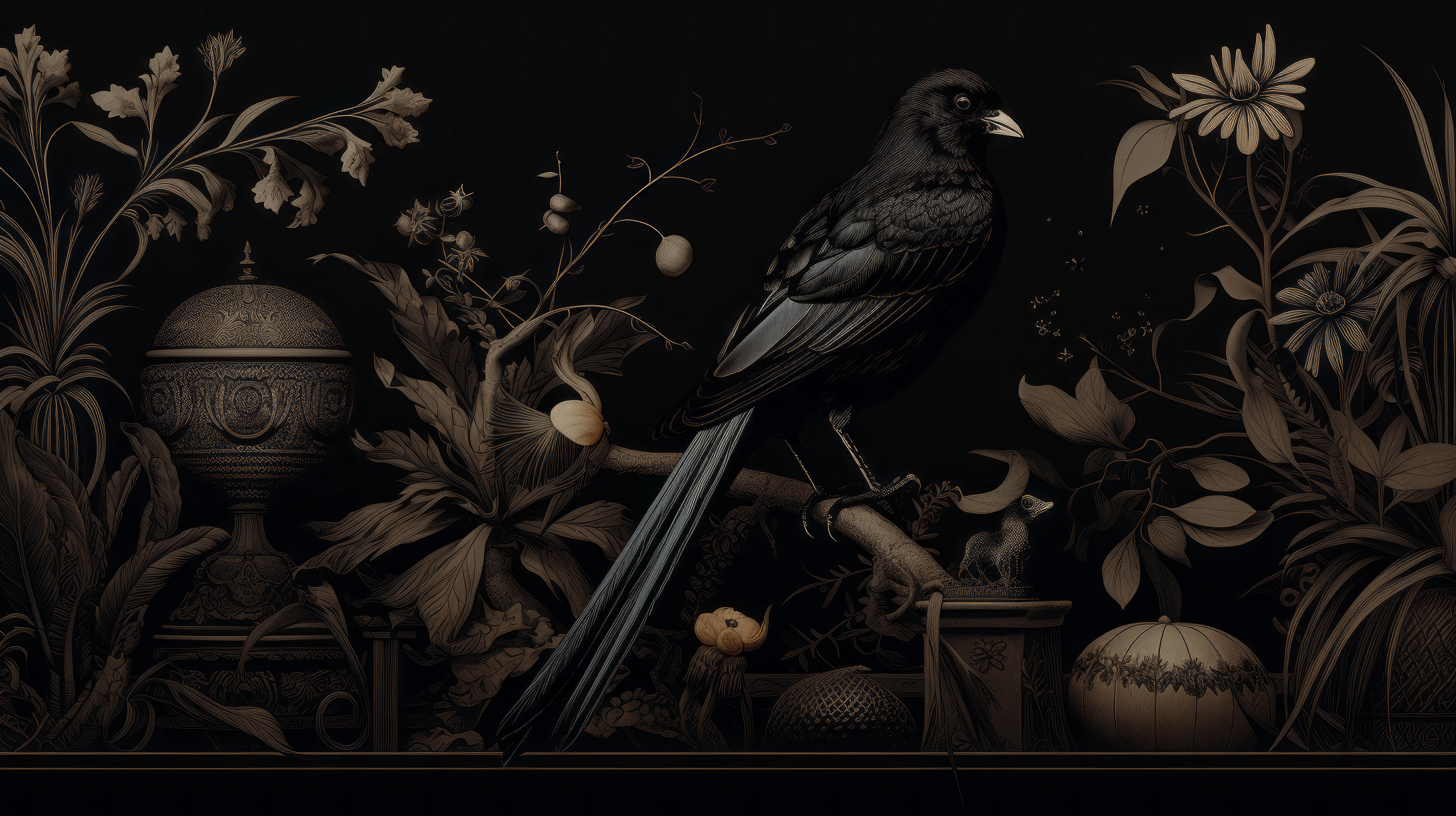 A black crow sitting on a branch surrounded by flowers and plants. - Feathers