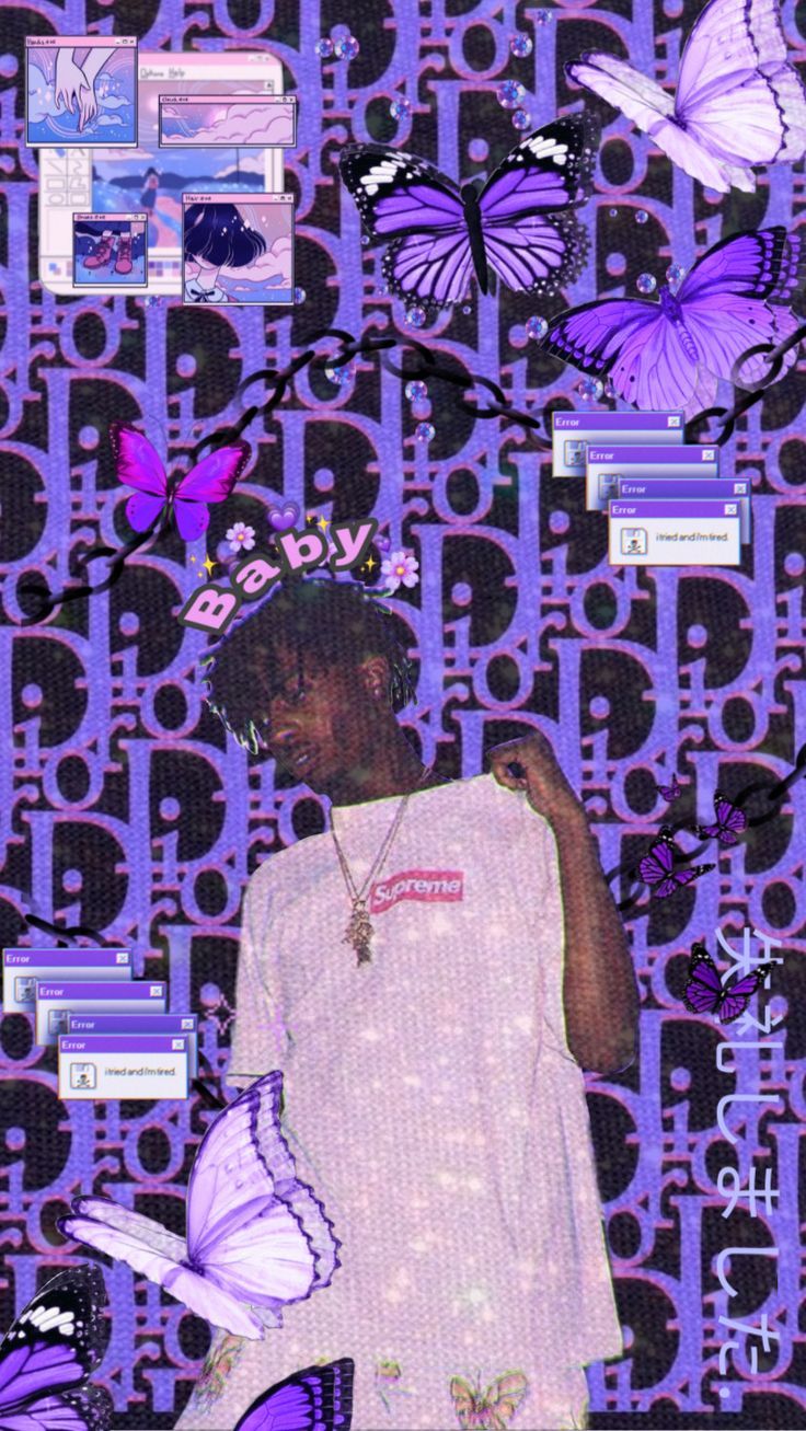 Aesthetic background of purple butterflies, Lil Nas X, and a Supreme logo - Playboi Carti