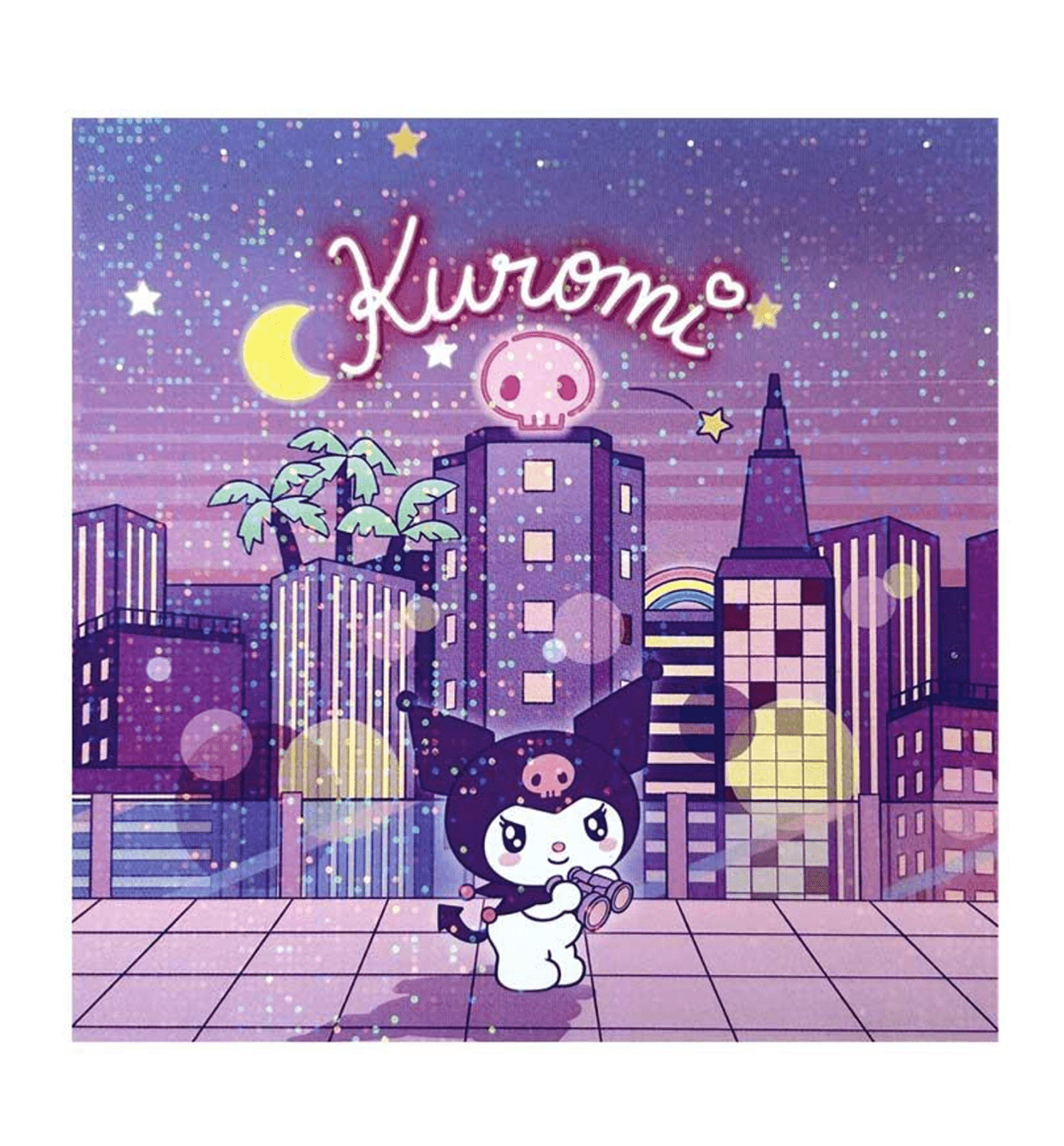 Kuromi in front of a cityscape with a purple sky - My Melody