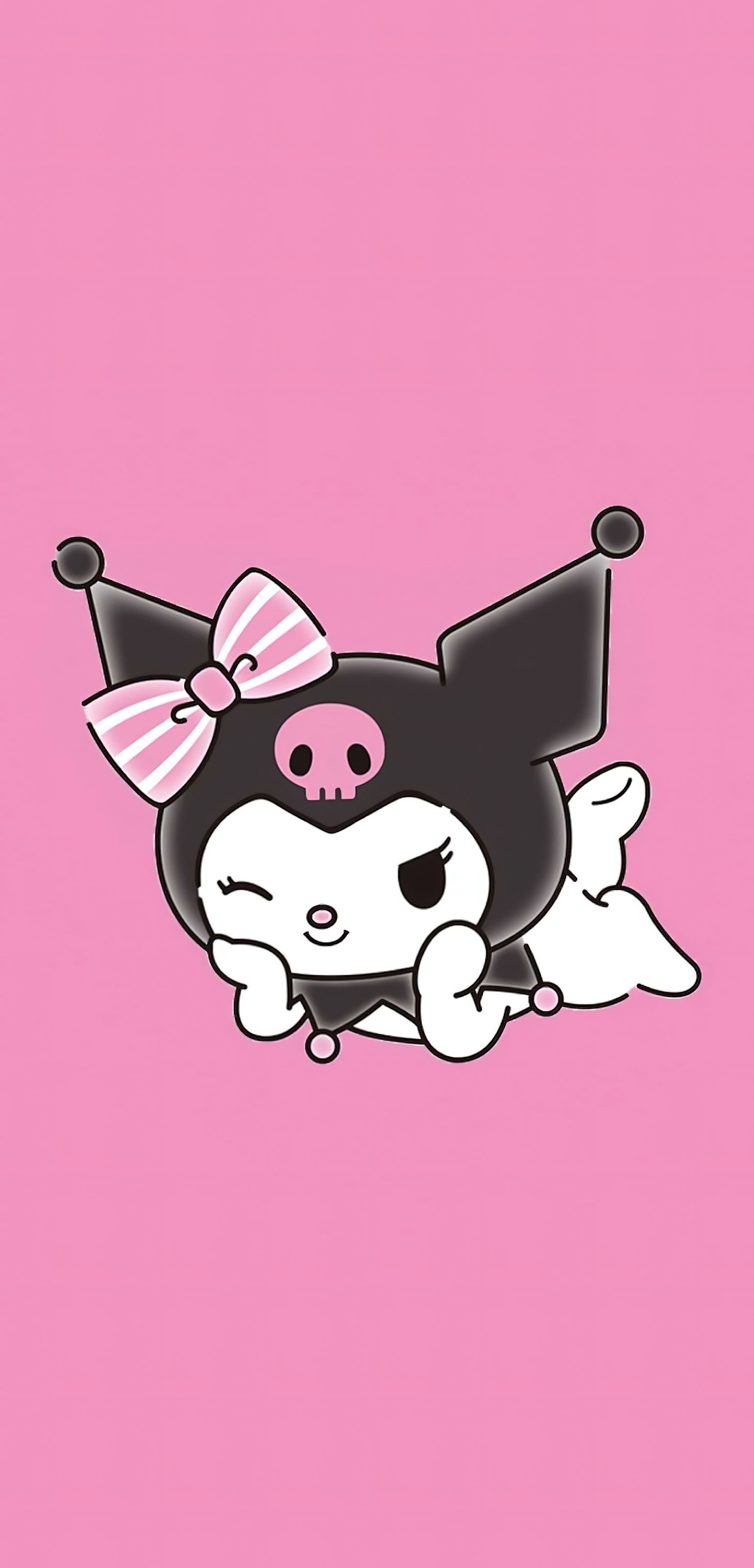 Kuromi, a black and white dog with a pig nose and a pink bow on her head, is laying on her stomach and smiling on a pink background - My Melody