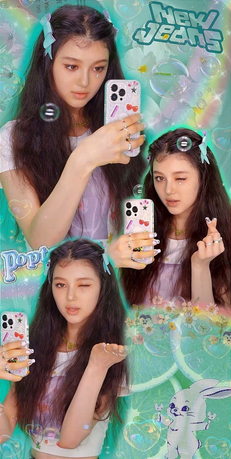 The collage of pictures shows a girl holding a phone. - NewJeans