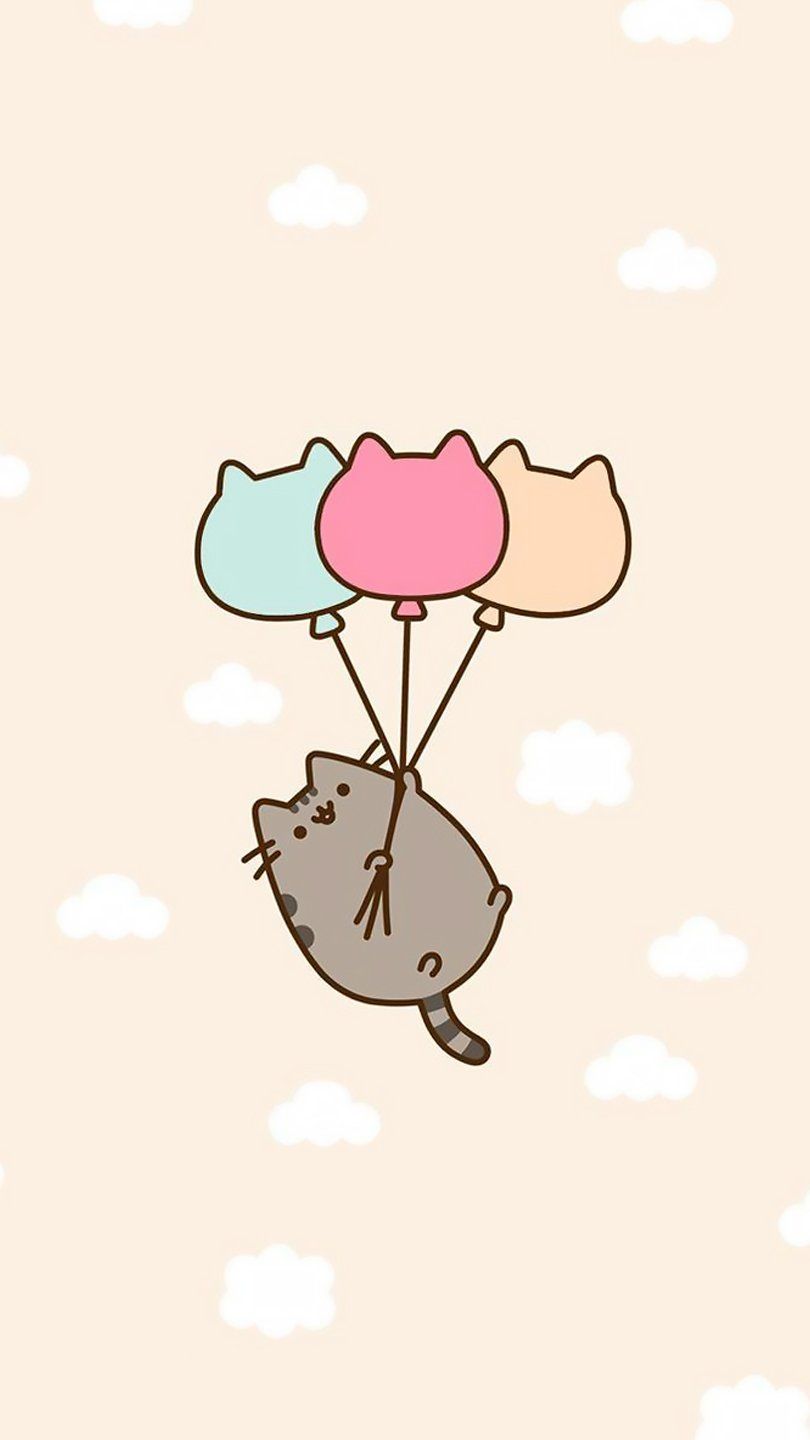 IPhone wallpaper with Pusheen the cat, balloons, and clouds - Pusheen