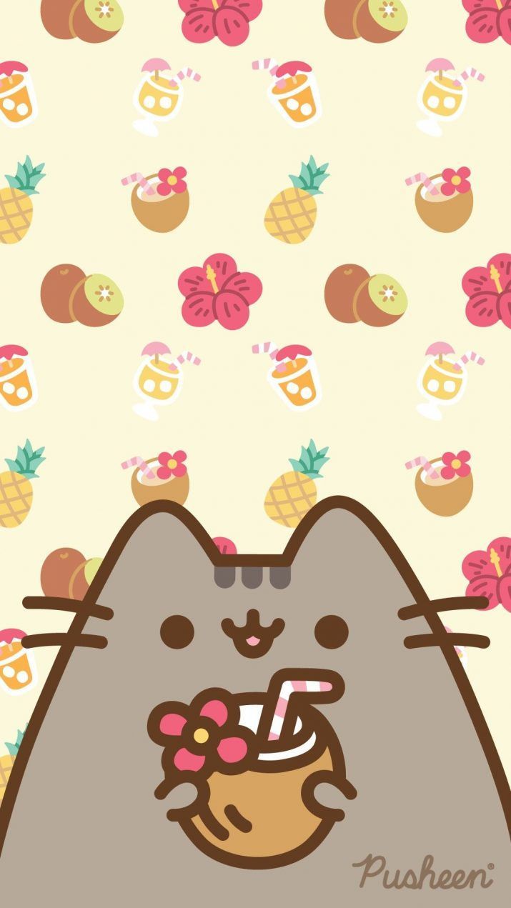 <ref> Pusheen cat</ref><box>(11,540),(993,994)</box> drinking a coconut cocktail. - Pusheen